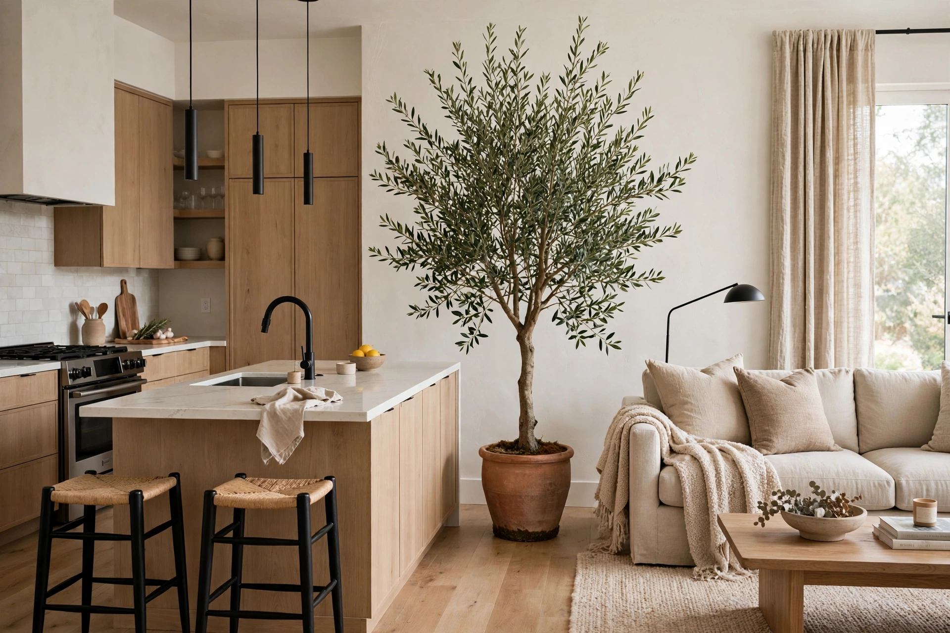 Tall potted olive tree softening the transition between kitchen and living zones.