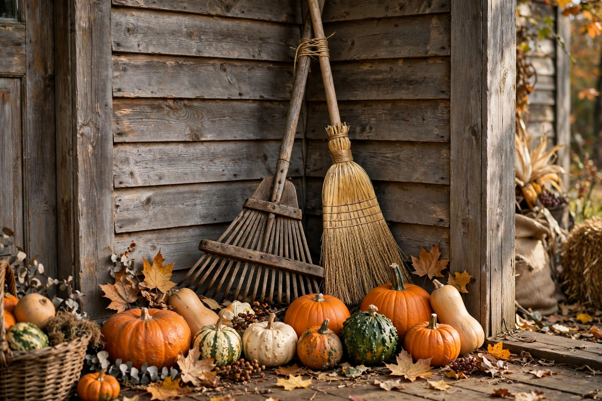 Vintage rake and straw broom leaning in a porch corner with pumpkins.