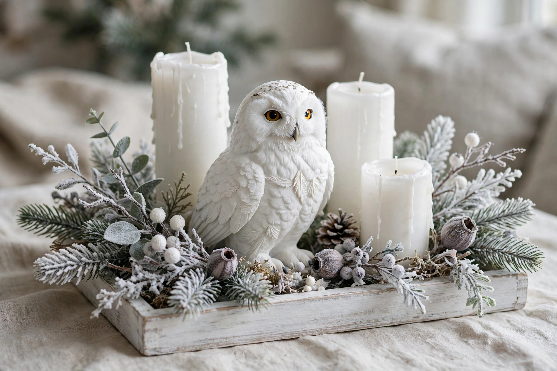 White snowy owl figurine with white candles and frosted branches on a whitewashed tray.