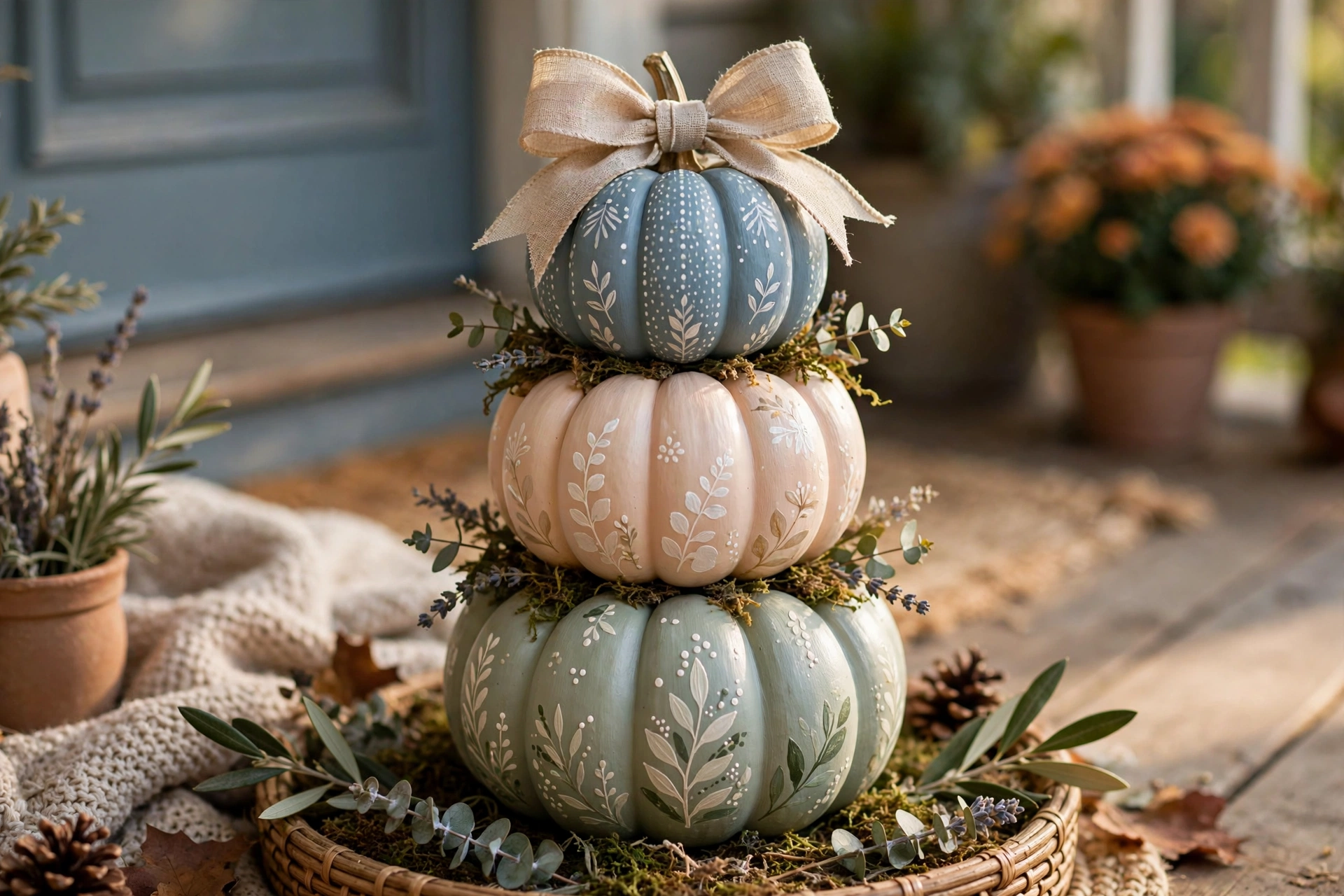 Stacked pumpkin topiary — mini pumpkin painting idea