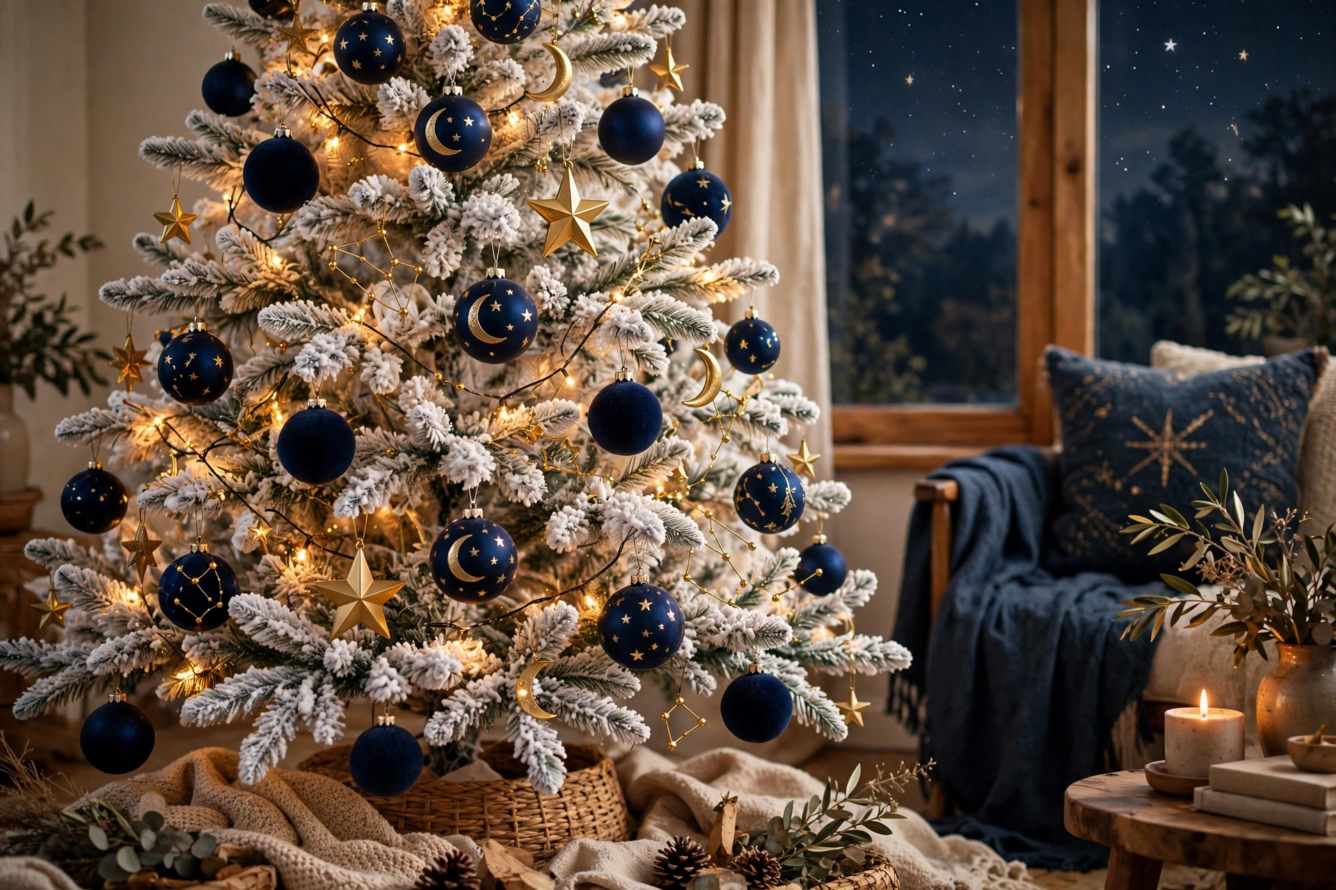 Starry night navy tree — white Christmas tree idea