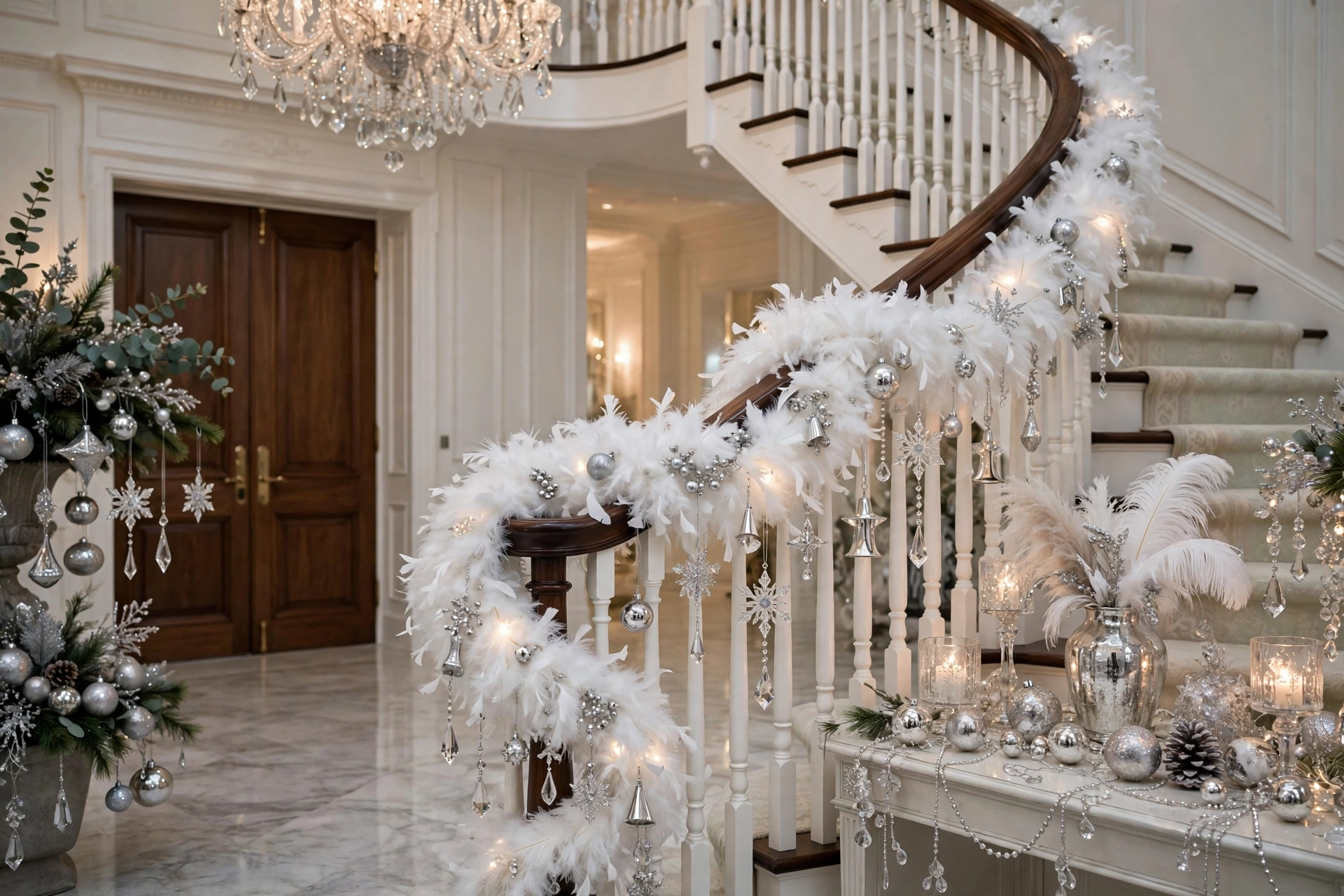 White feather boa wrapped around a staircase handrail with silver ornaments.