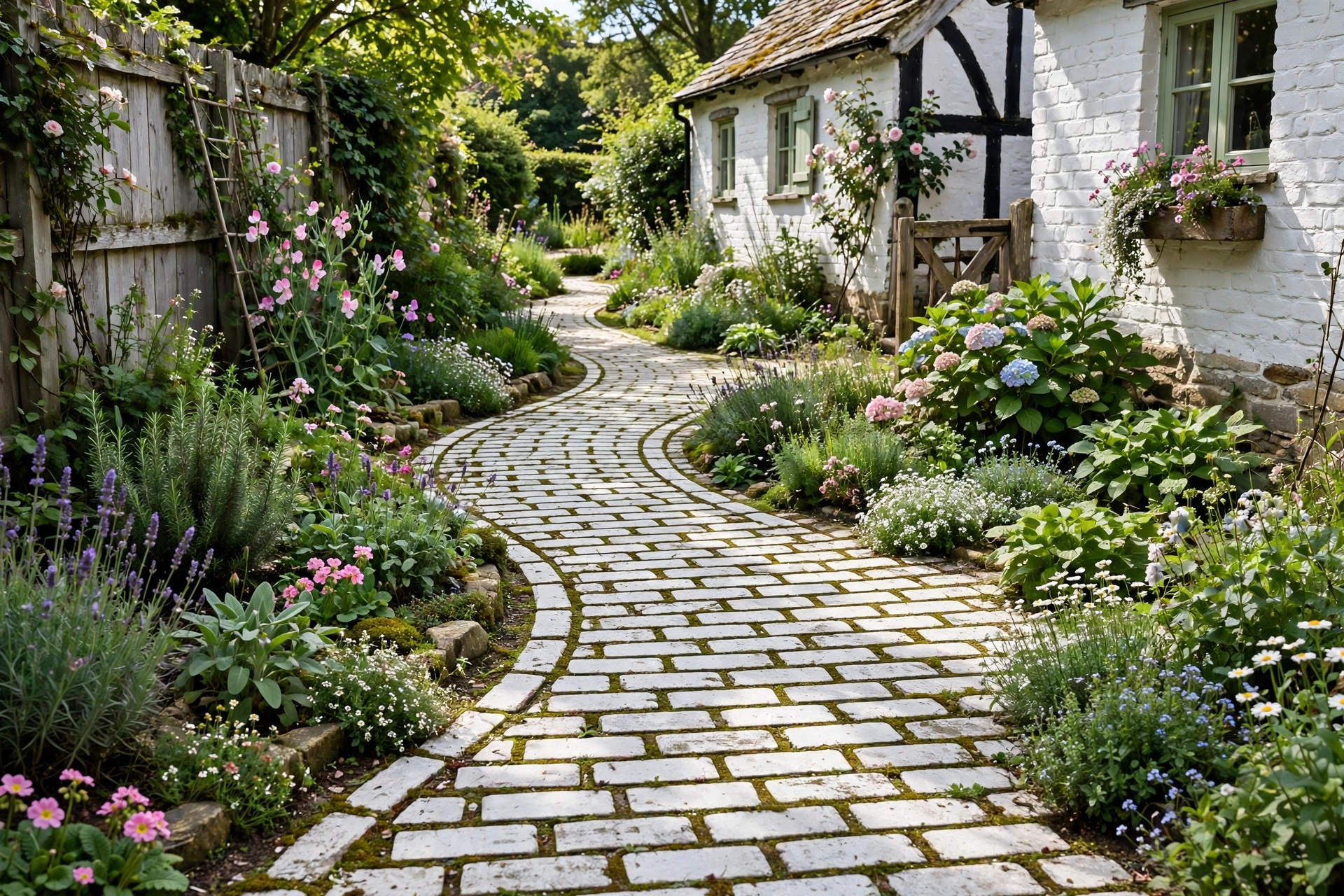 Whitewashed brick garden path in a running bond pattern winding through a cottage-style side yard.