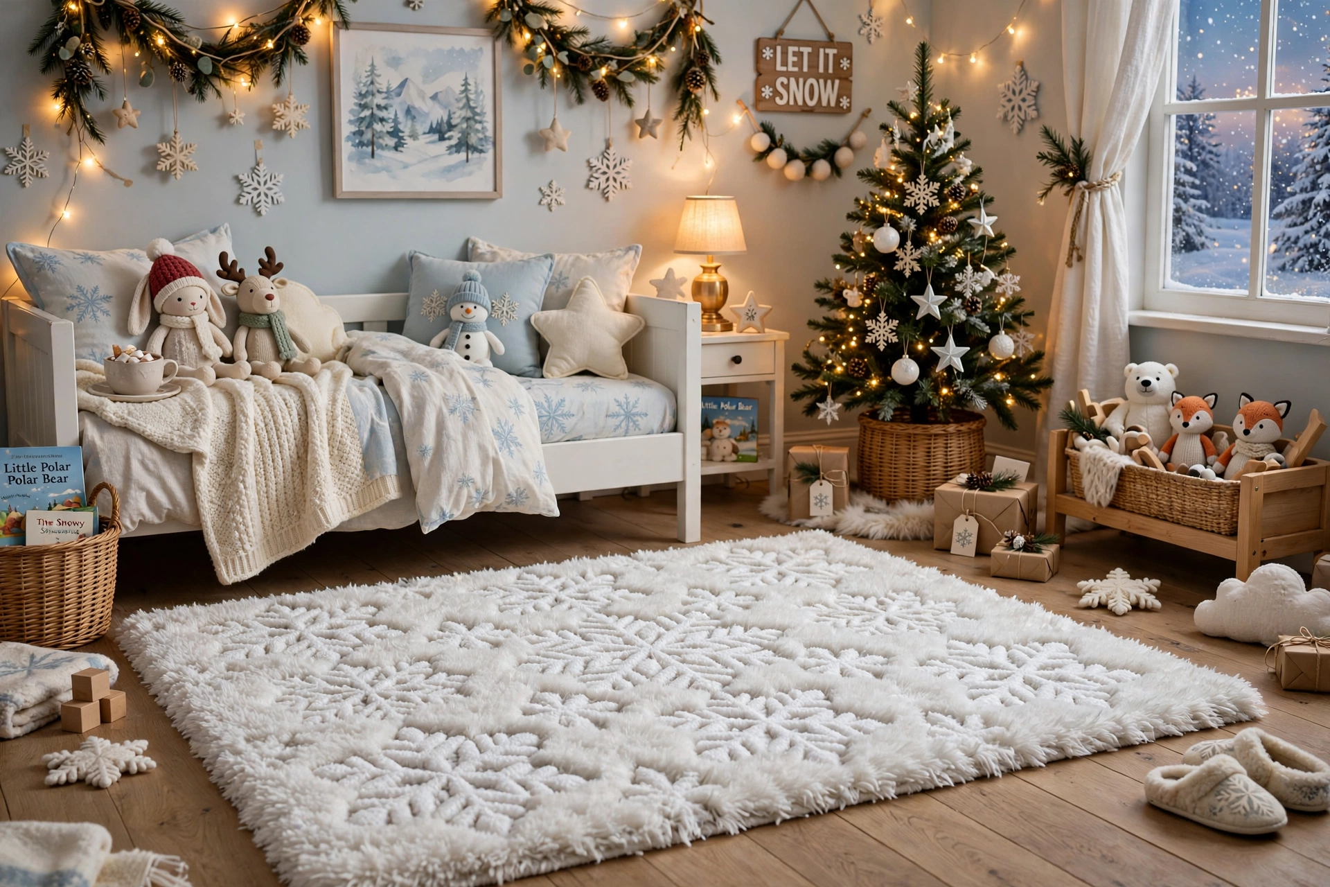 Winter wonderland rug — Christmas bedroom idea for kids