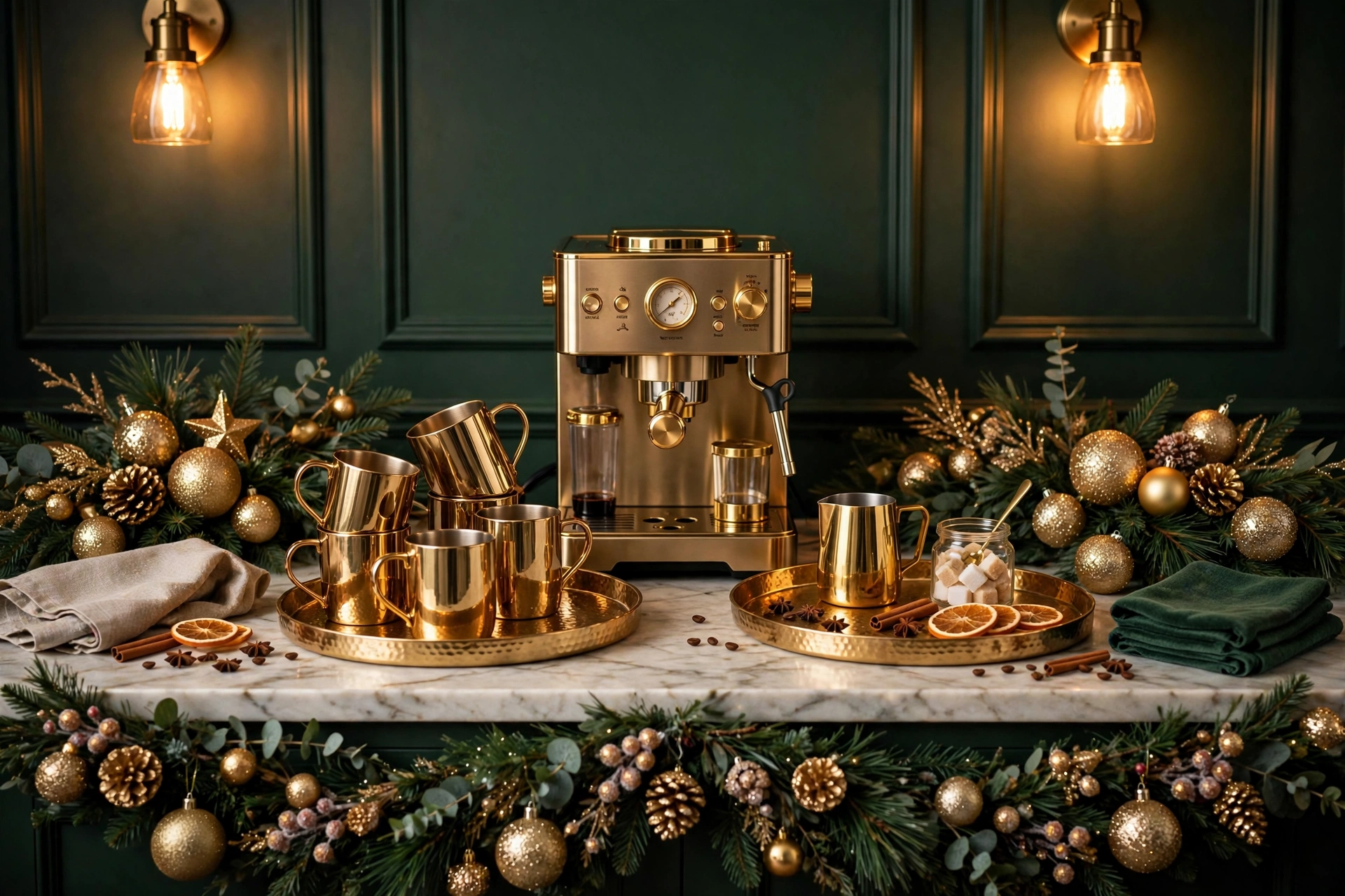 Glamorous gold coffee station with metallic mugs and dark green backdrop