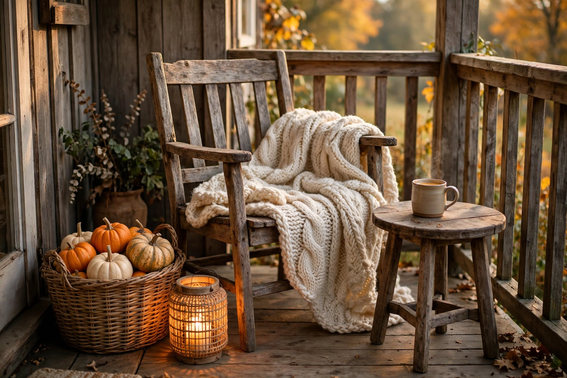 Cozy porch reading corner with a chair, knit throw, lantern, and pumpkins.