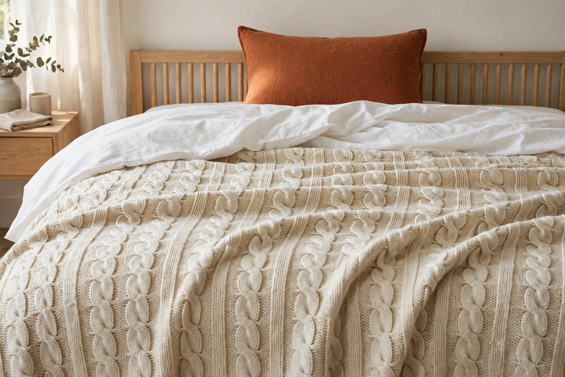 Cream cable knit duvet cover with white sheets and a single rust cushion.