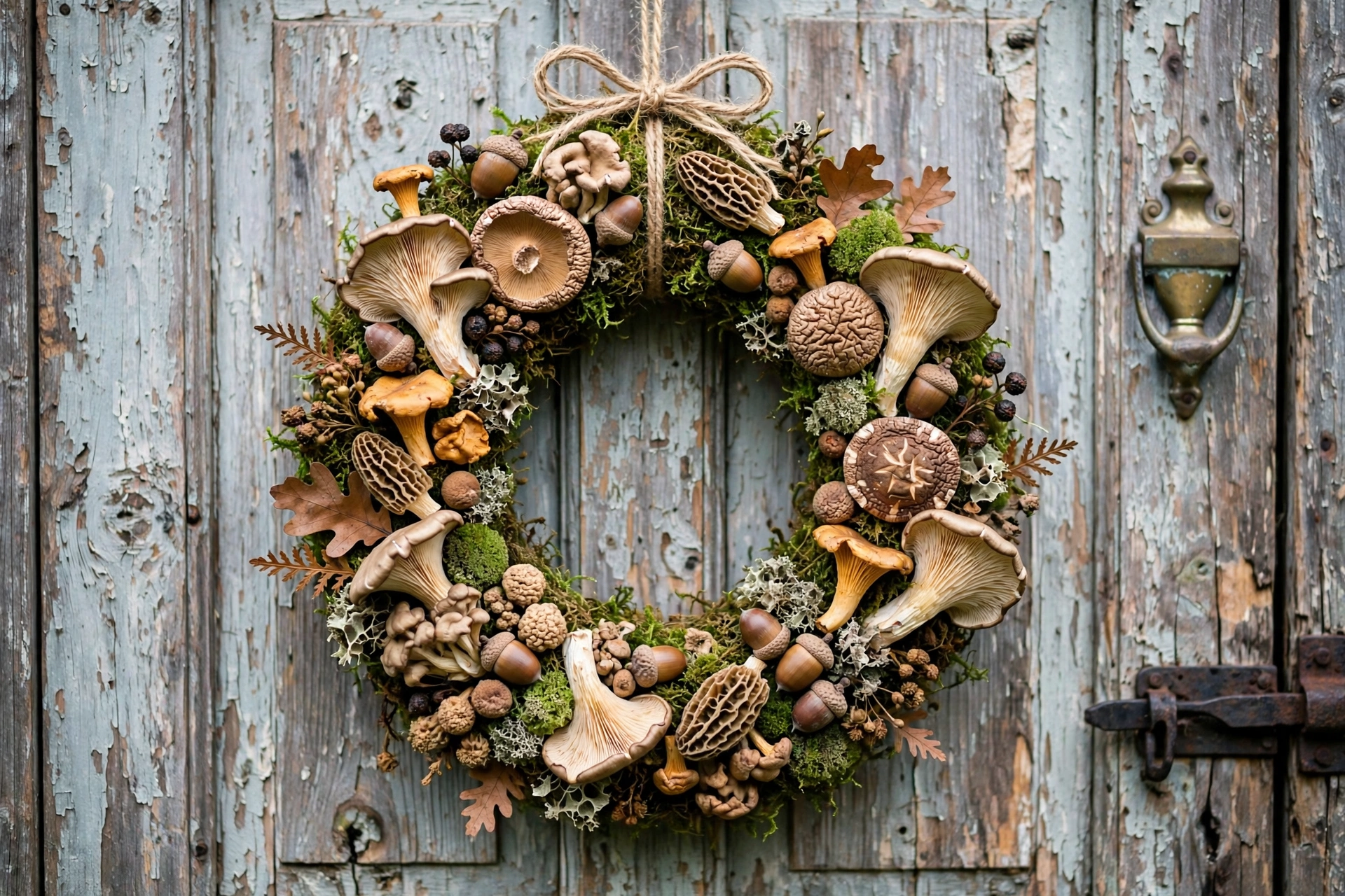 Whimsical wreath of dried mushrooms on moss with acorns on a wooden door.