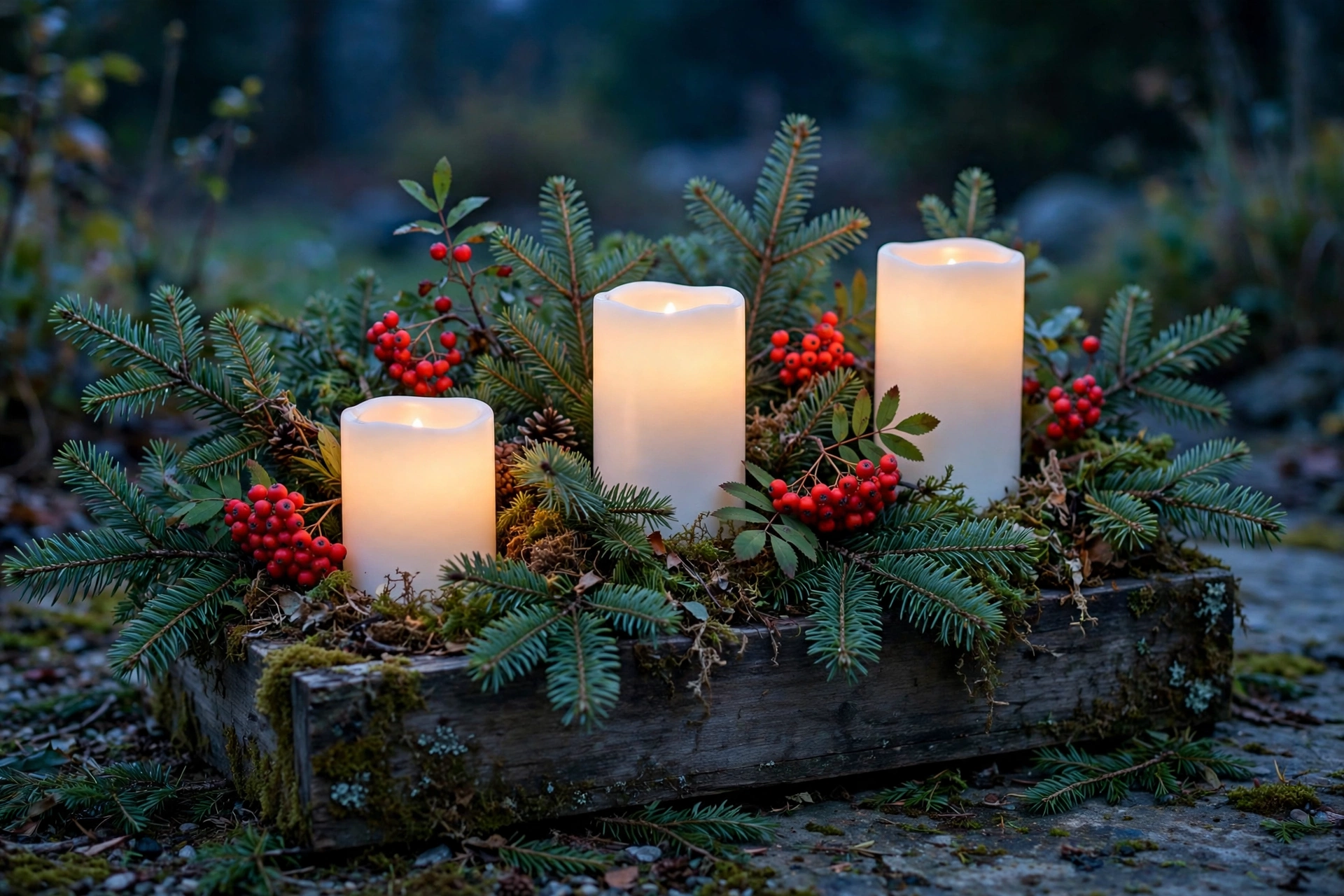Low planter with flameless pillar candles among fir branches and berries at dusk.