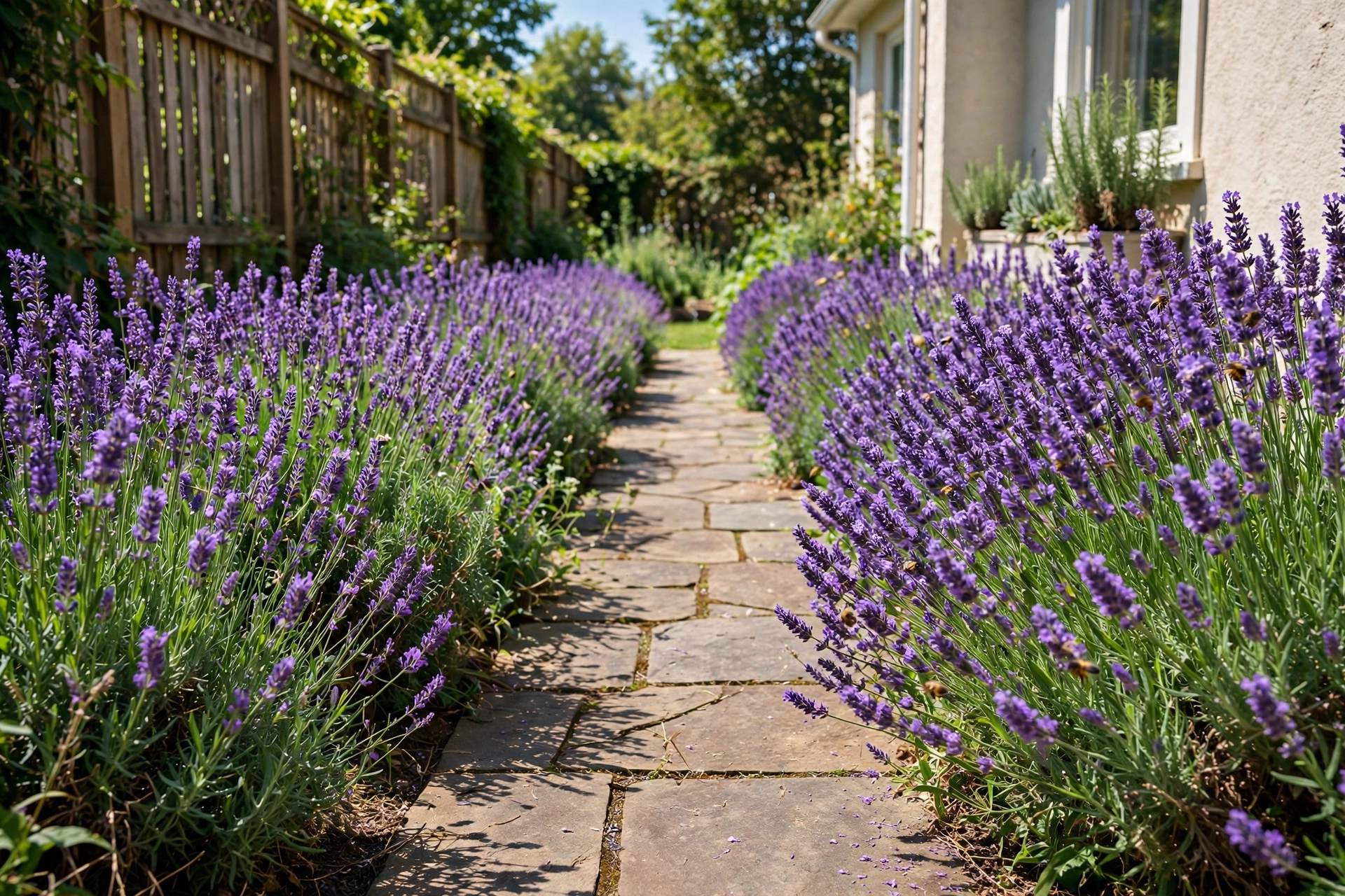 Side yard walkway lined with blooming purple lavender rows on both sides, sunny summer day.