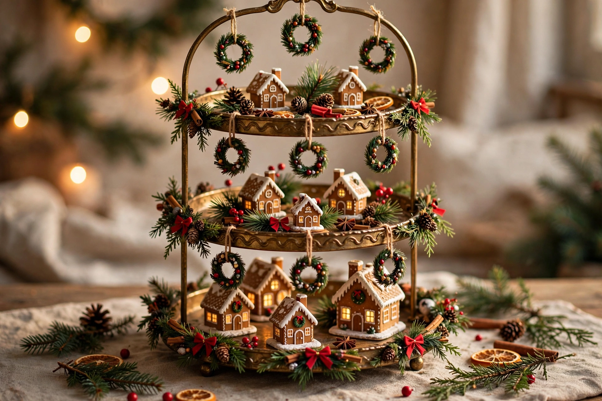 Mini wreath and garland tray — Christmas tiered tray idea