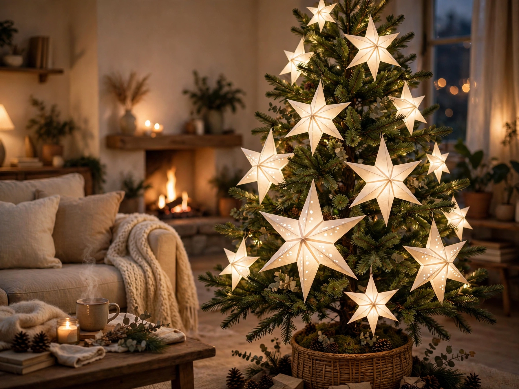 Christmas tree decorated with glowing white paper star lanterns among the branches