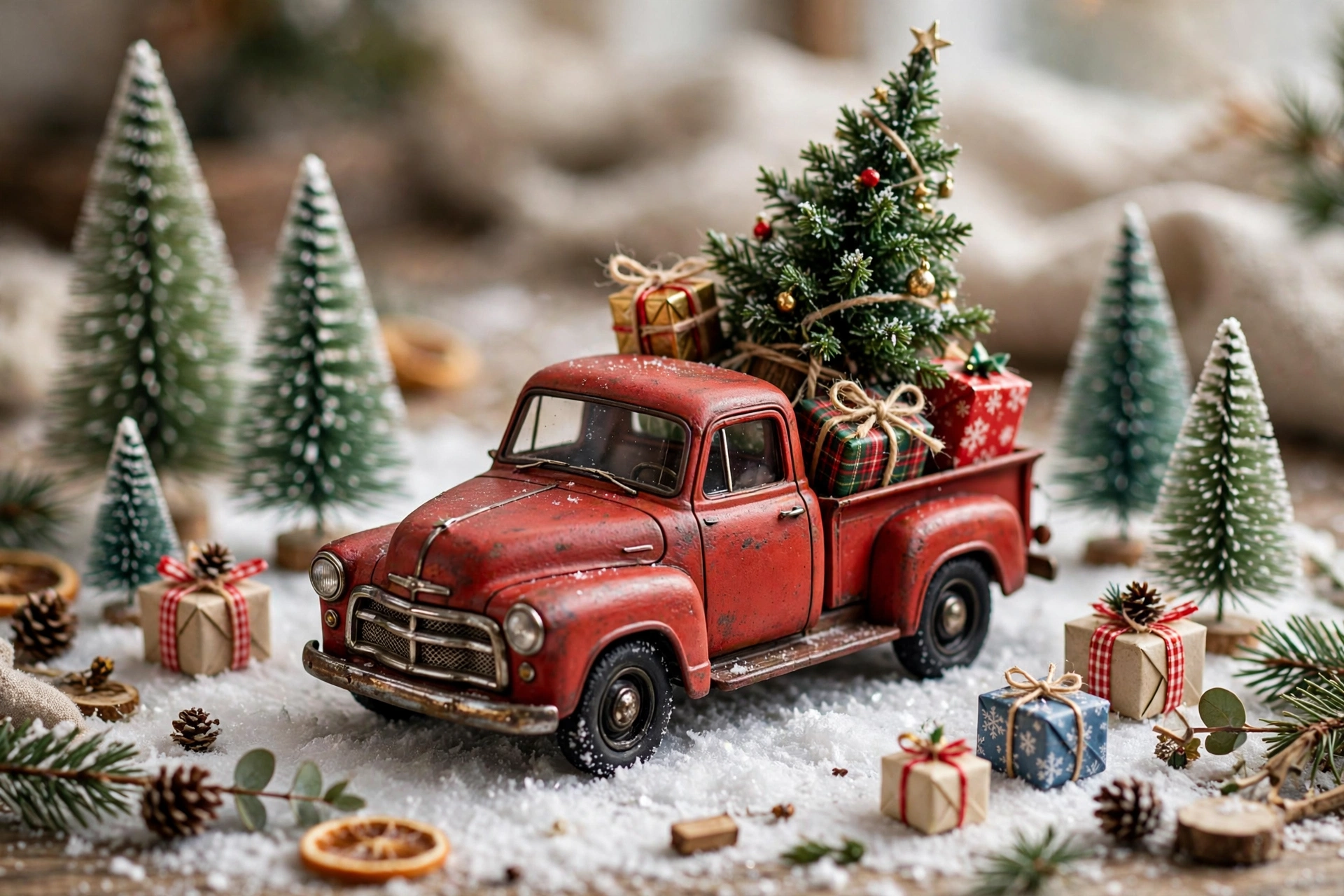 Tiny vintage red truck carrying a mini Christmas tree on faux snow with miniature gifts.