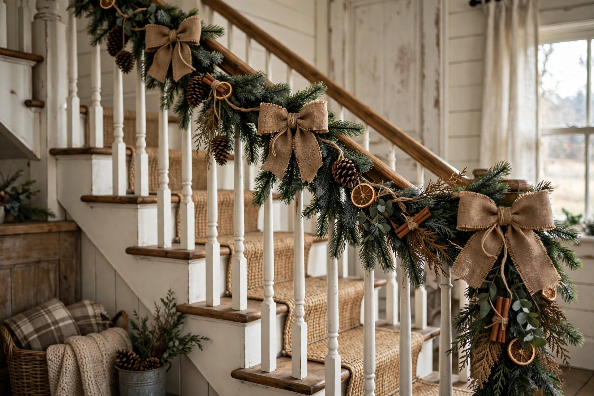 Rustic burlap bows tied along a pine garland on a farmhouse staircase railing.