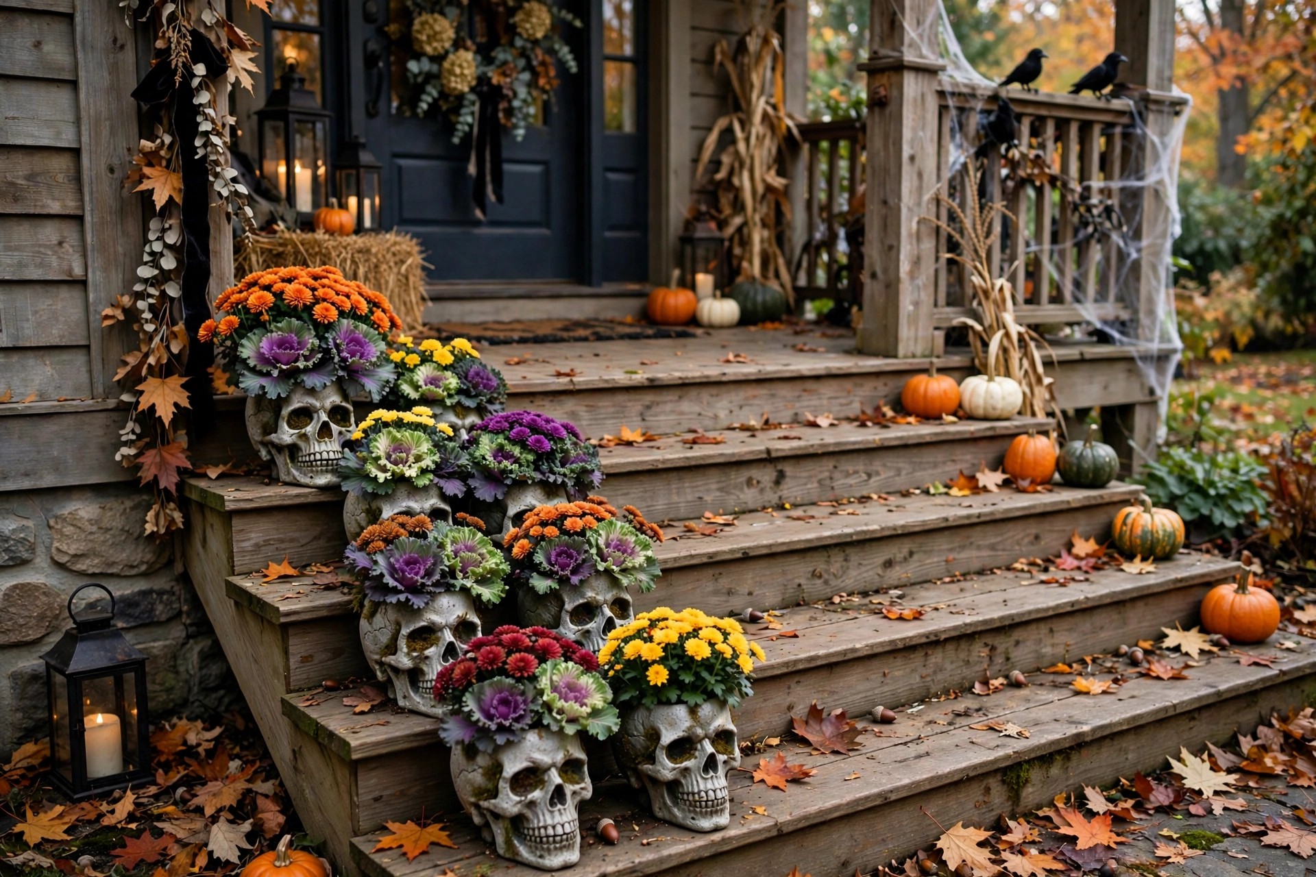 Row of skull planters with mums and ornamental kale along porch steps.