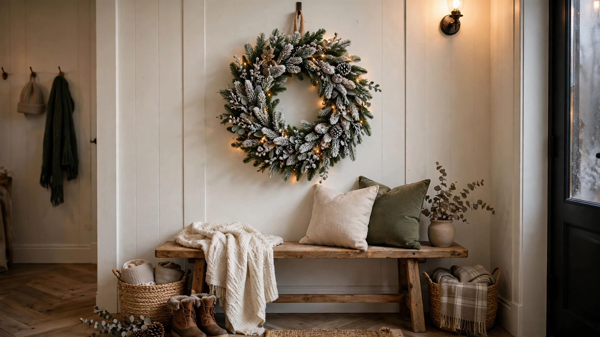 Snow-dusted wreath hanging on an entryway wall