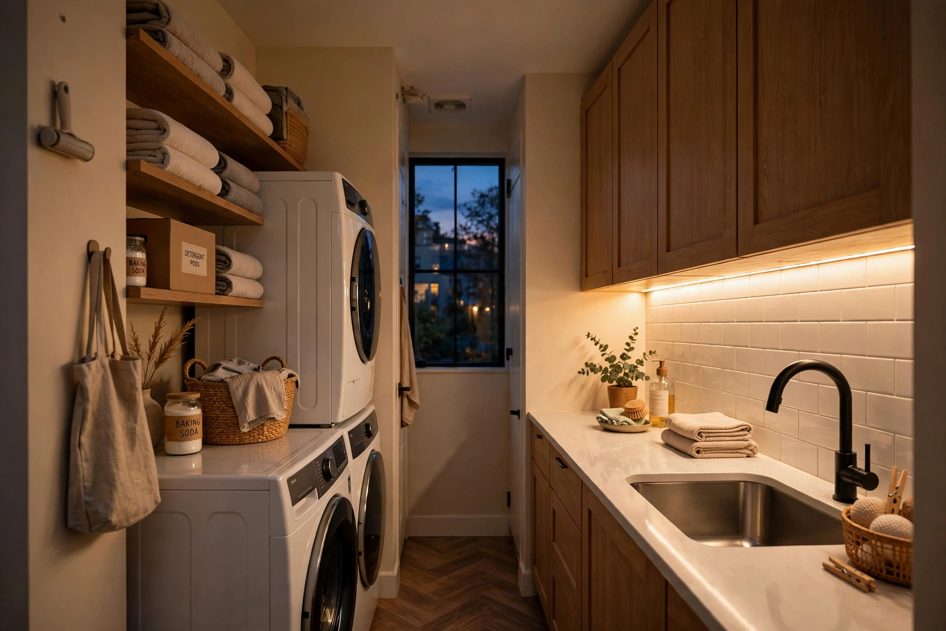 Under-cabinet LED lighting — small narrow laundry room idea