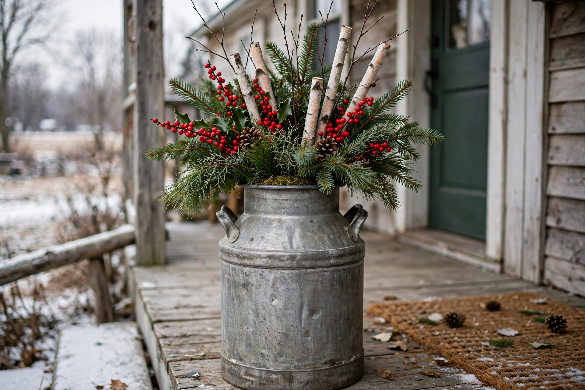 Vintage metal milk can filled with evergreen branches, red berries and birch stems on a porch.