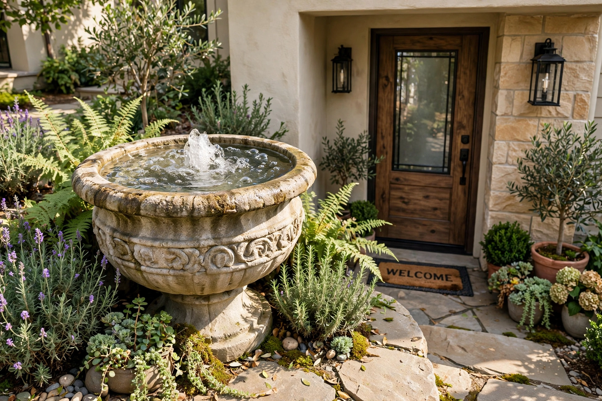 Bubbling stone urn water feature near a front entry with plants around it.