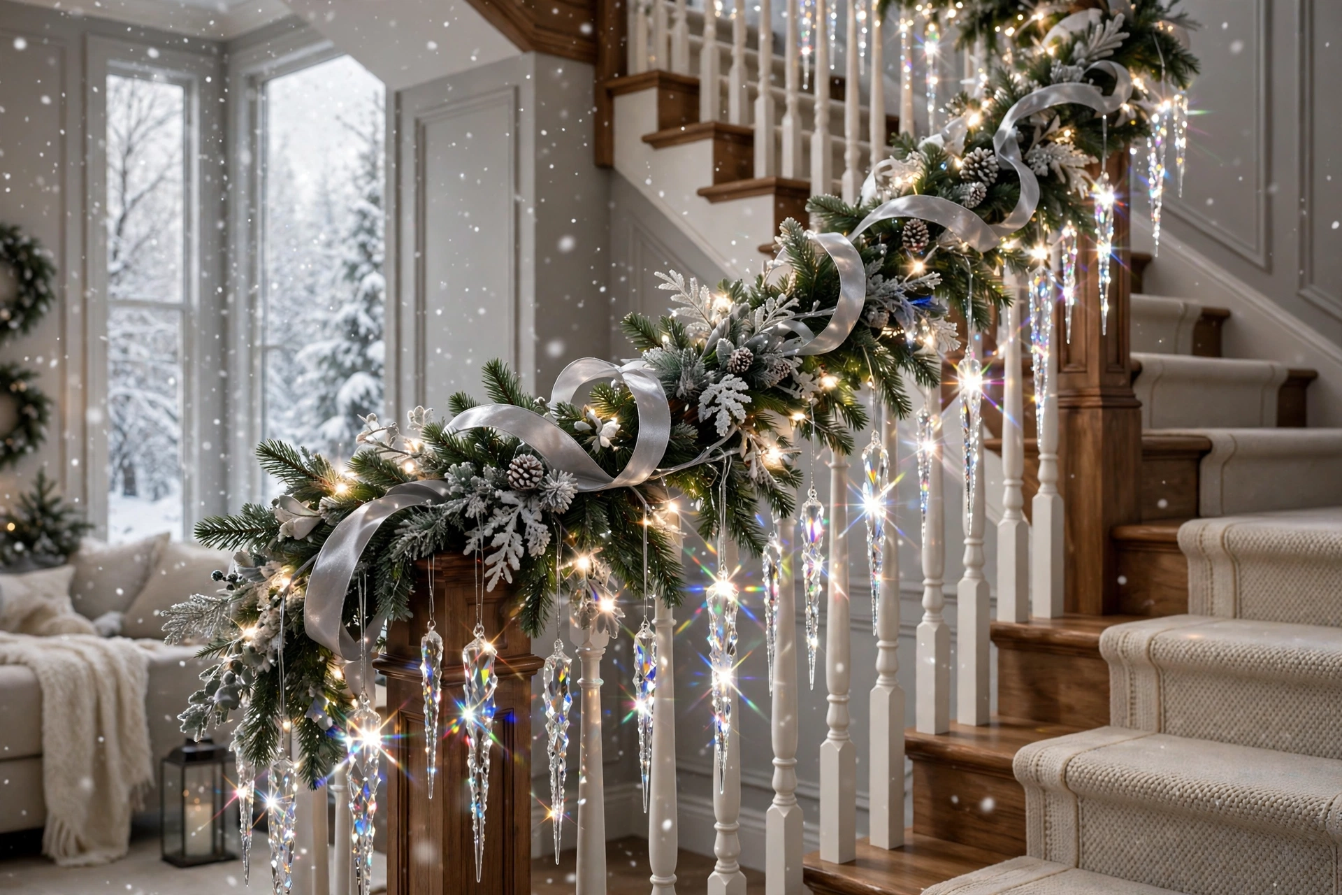 Sparkling crystal icicle ornaments hanging from a garland on a staircase railing.