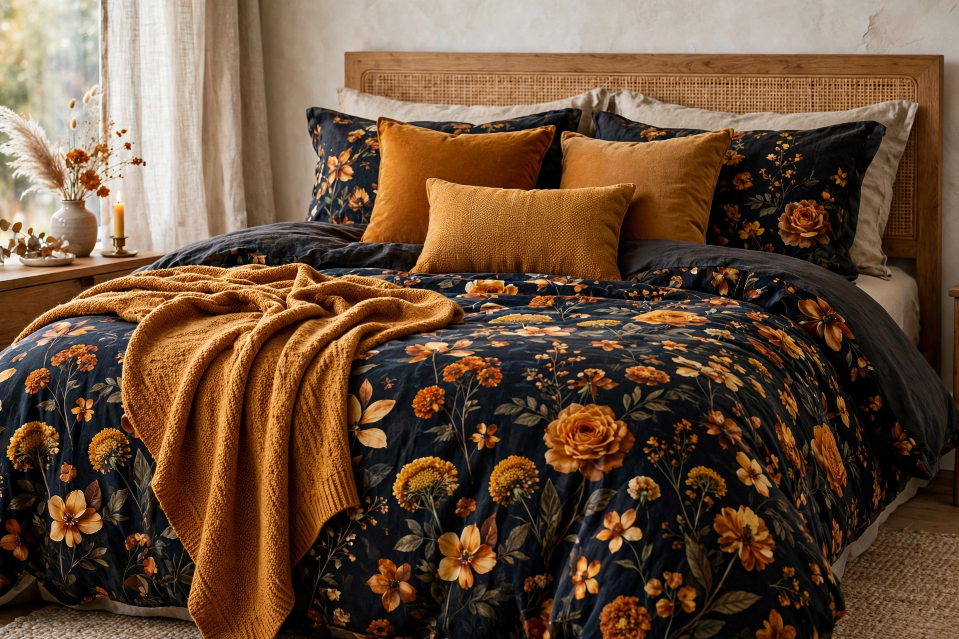 Dark floral duvet with amber blooms, amber throw and cushions on a bed.
