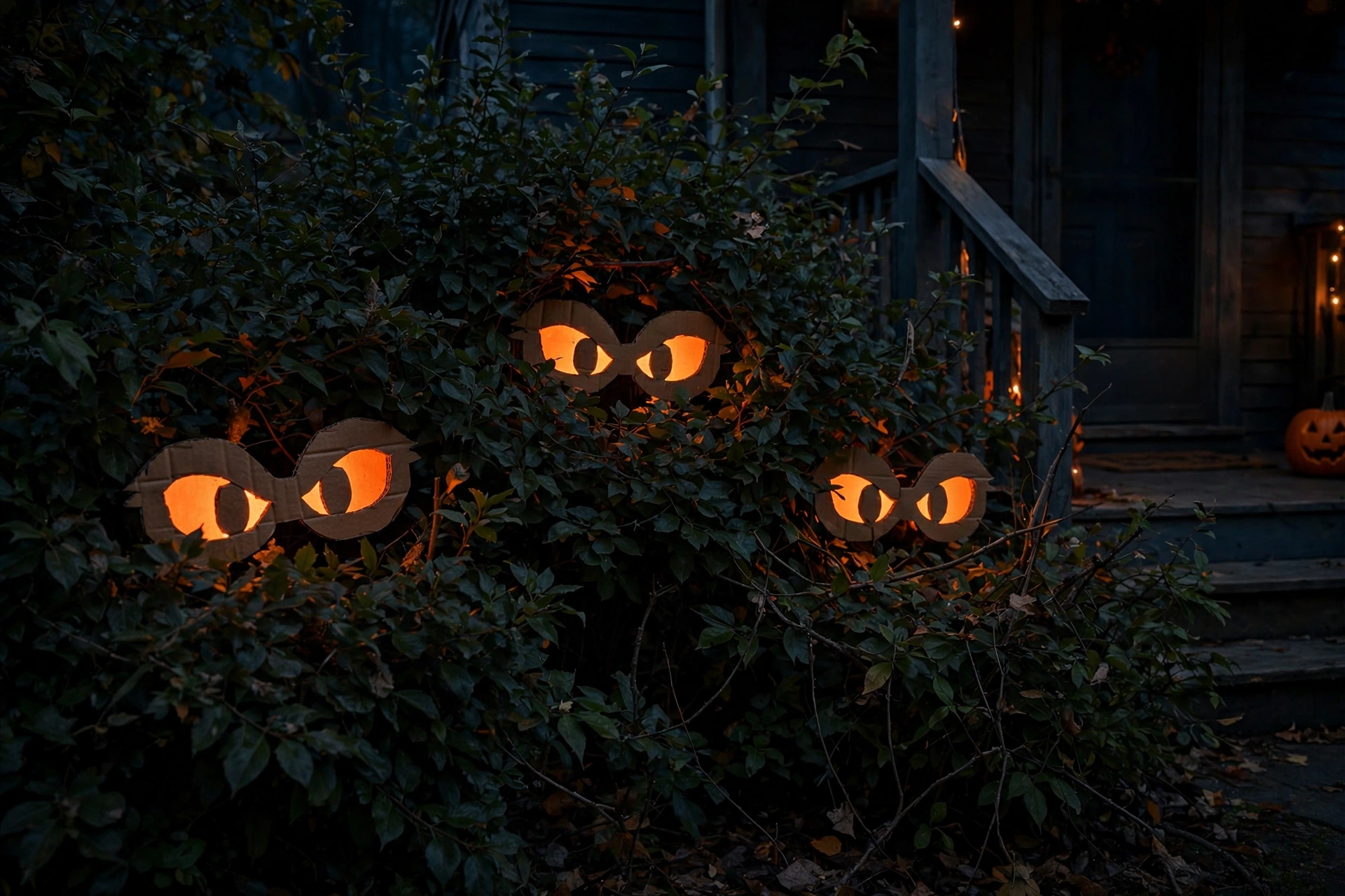 Glowing orange cardboard eyes hidden in dark bushes around a porch at night.