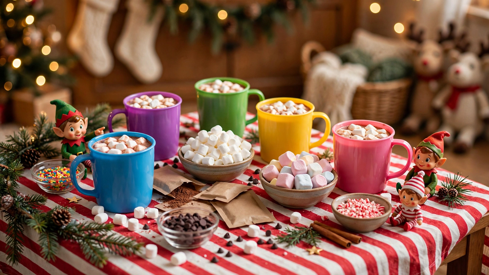 Kid-friendly cocoa bar with plastic mugs, elf figurines and striped cloth