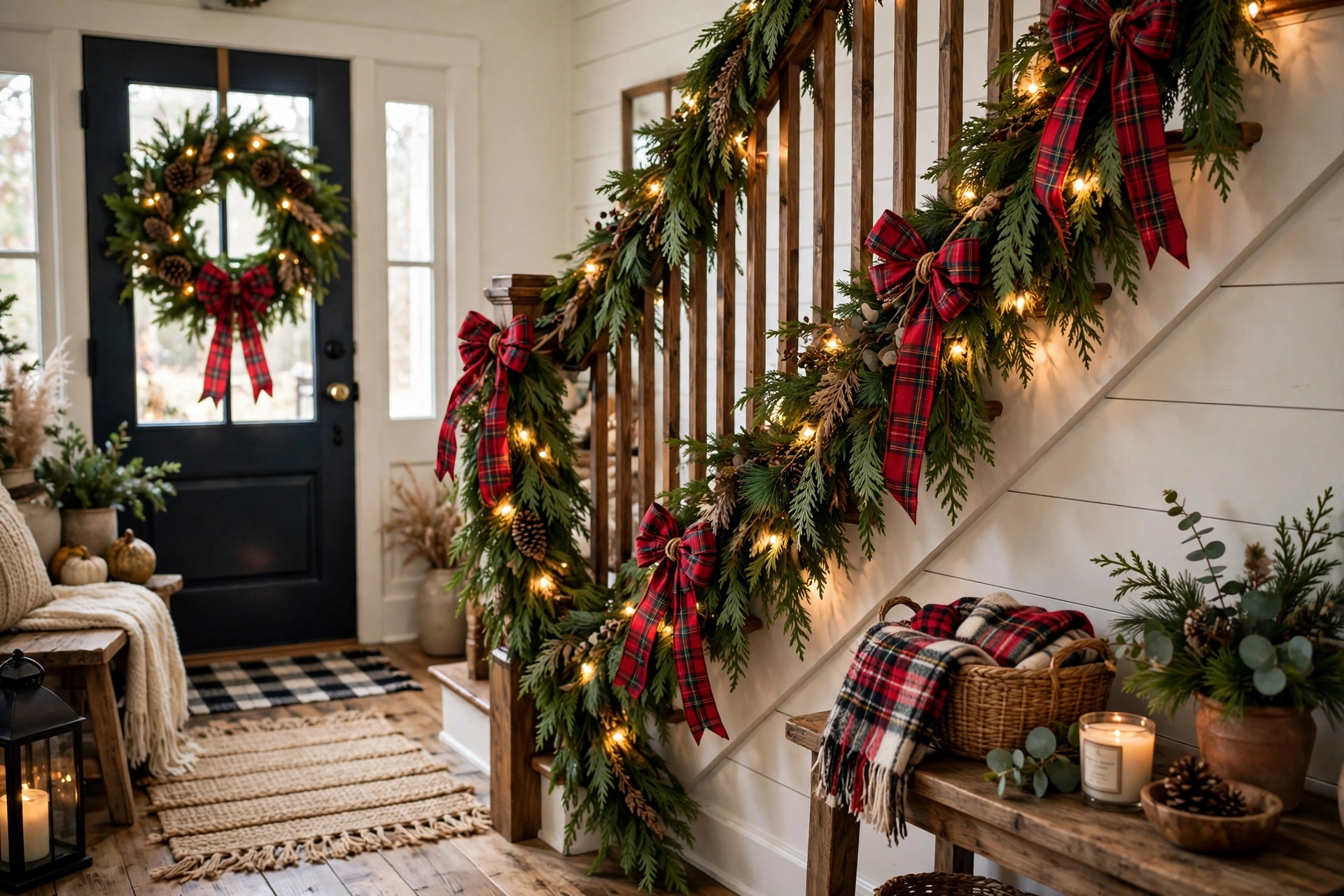 Farmhouse staircase banister decorated with thick cedar garland, plaid ribbon and warm lights.