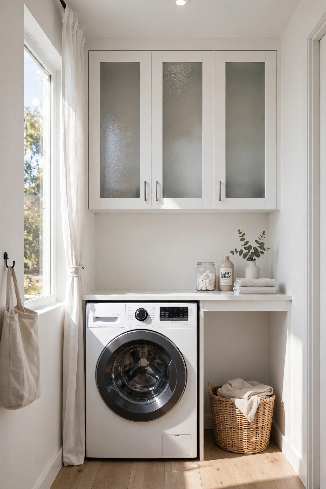 Frosted-glass wall cabinets — small narrow laundry room idea