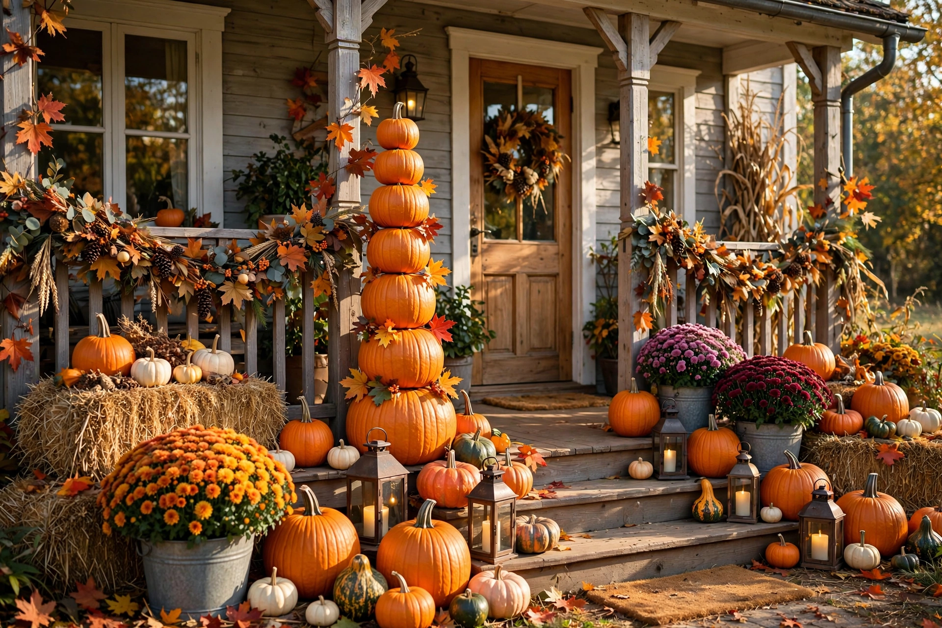 Full farmhouse porch with hay bales, pumpkins, mums, and garland everywhere.