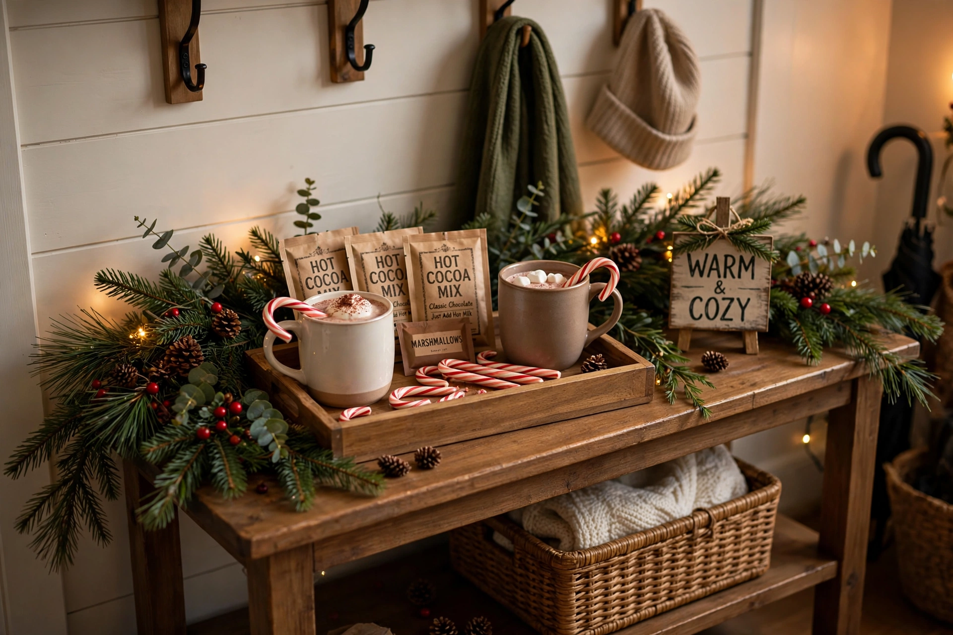 Hot cocoa tray with mugs and candy canes on an entryway console