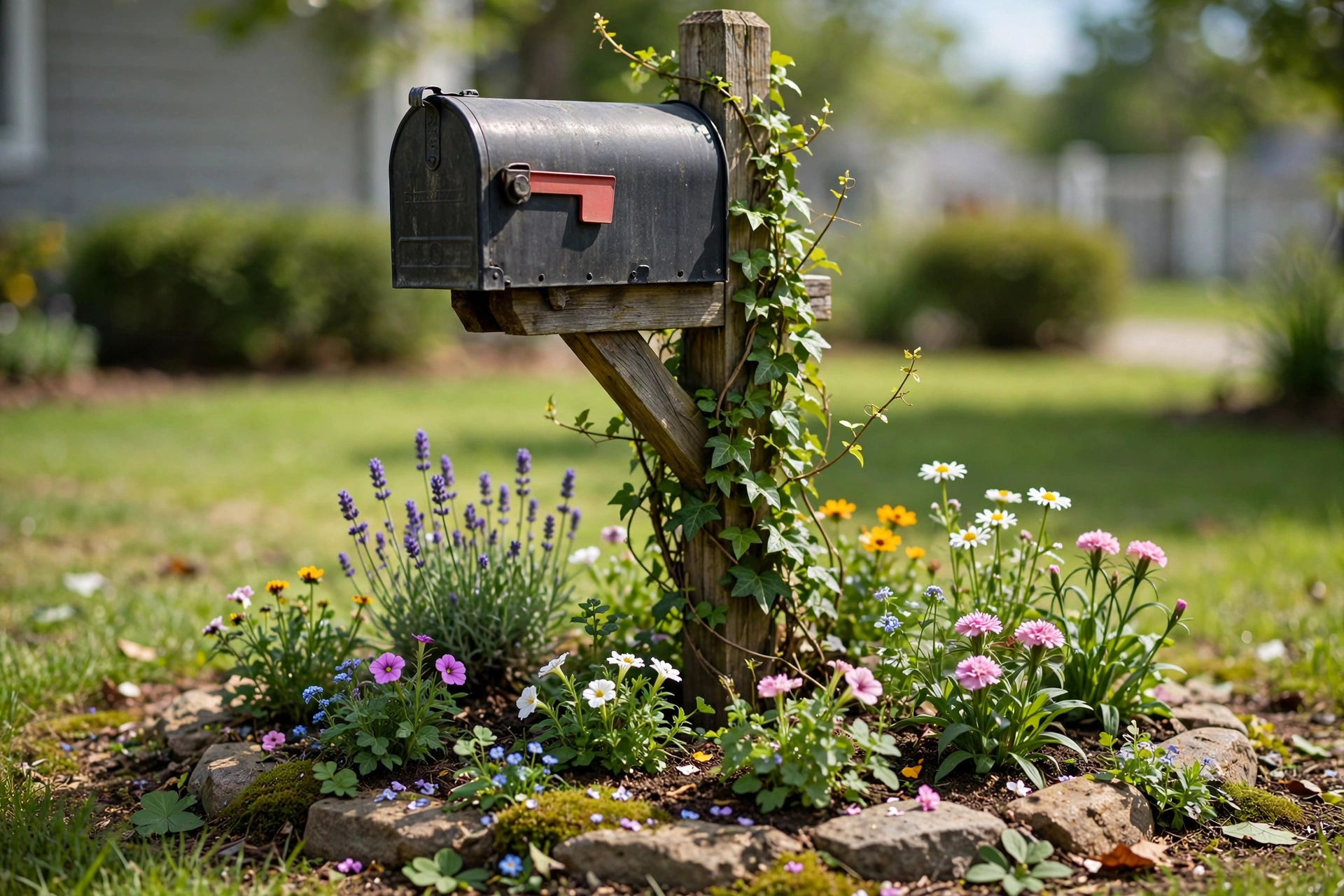 Mailbox surrounded by a small flower garden with a climbing vine on the post.