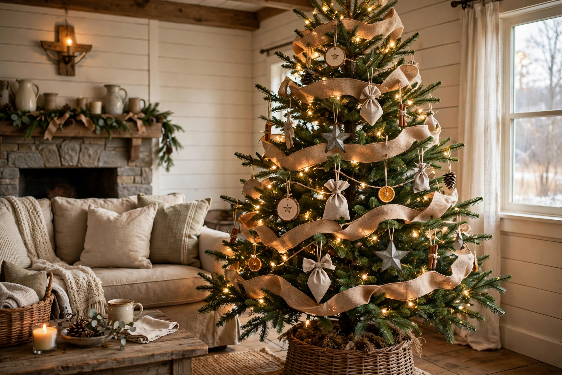 rustic Christmas tree with wide burlap ribbon garland and natural ornaments