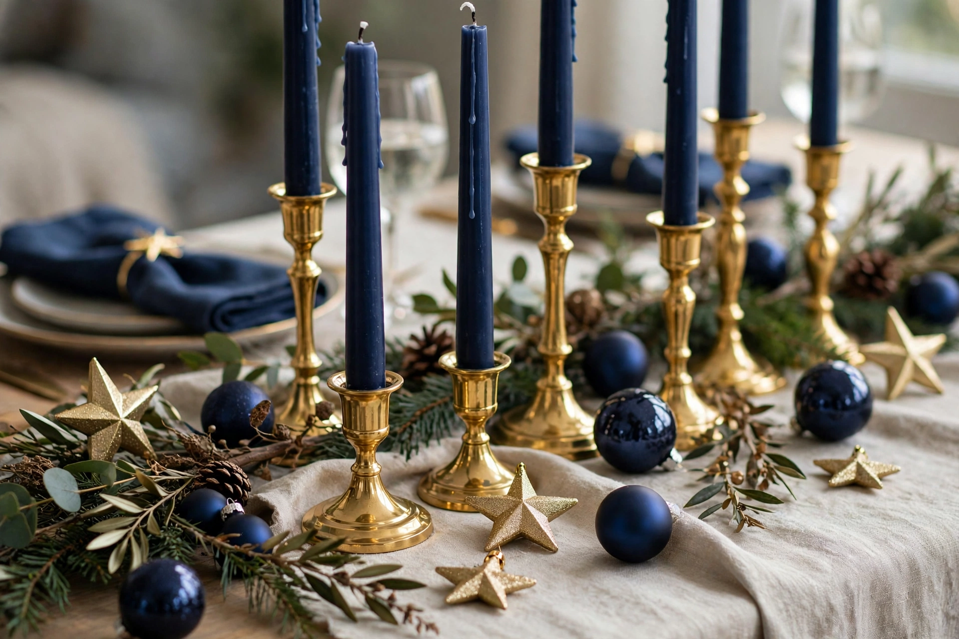 Navy taper candles in gold holders with gold star ornaments and navy baubles on a table.