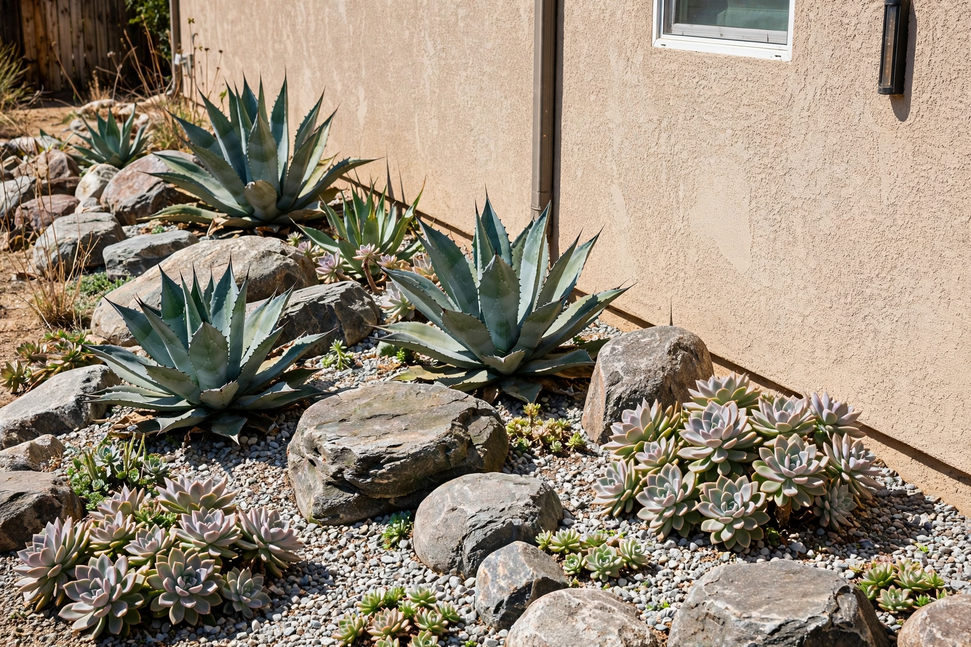 Succulent rock bed with agave and echeveria among boulders and gravel along a hot sunny house wall, side yard.