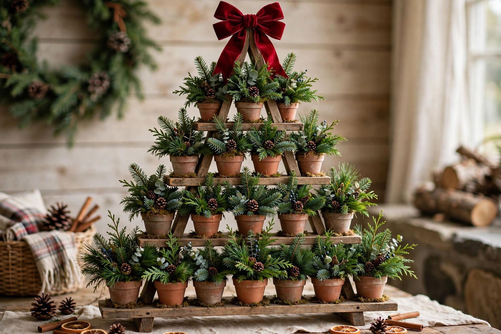 Tiered stand of evergreen-filled pots forming a Christmas tree shape with a bow topper.