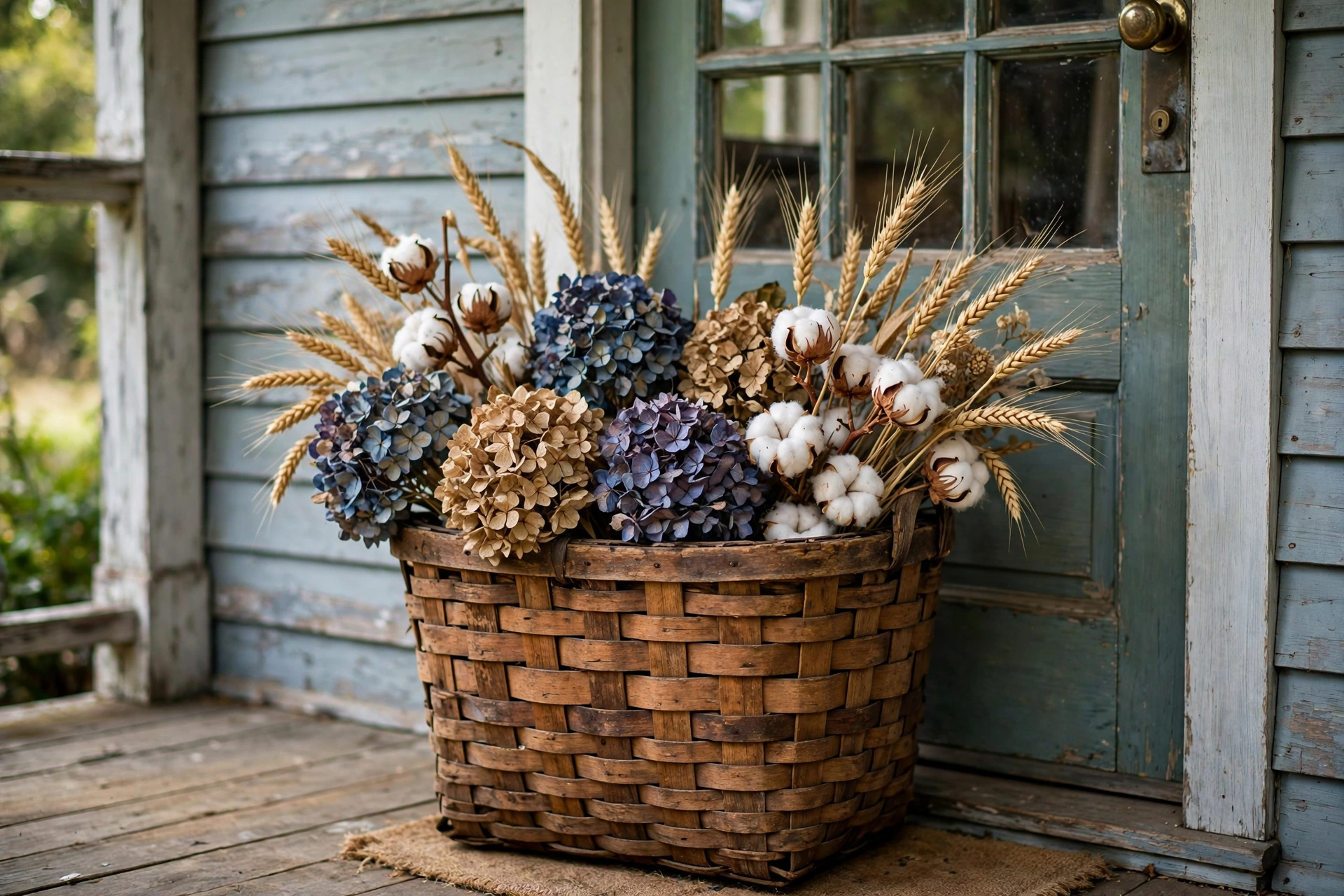 Vintage tobacco basket filled with dried hydrangeas wheat and cotton on a porch door.