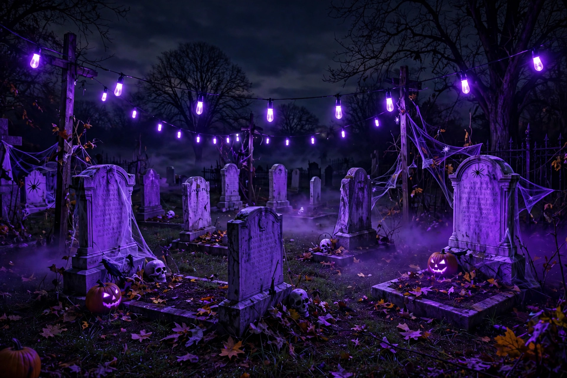 Graveyard glowing purple under black-light bulbs with white tombstones at night.