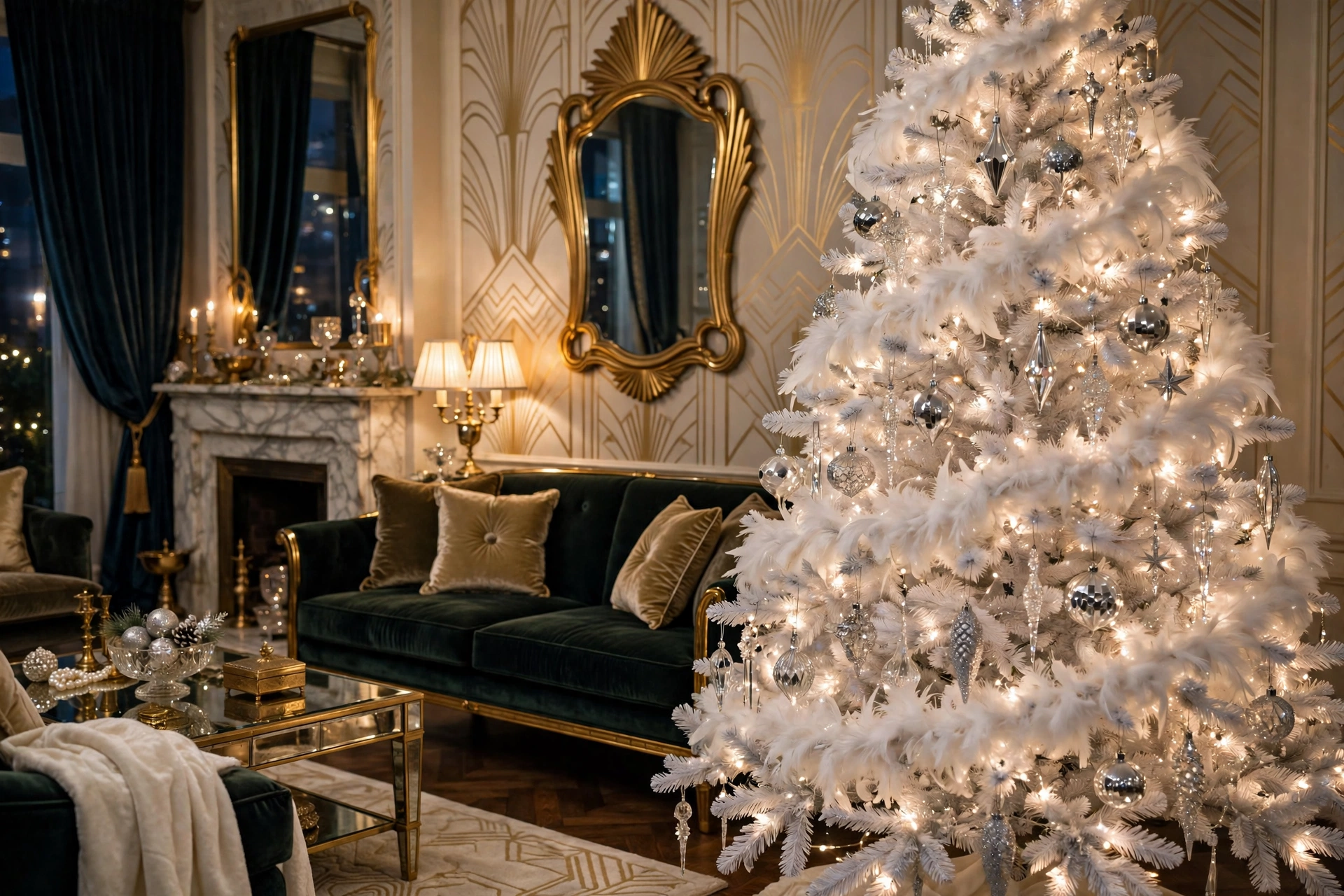 white Christmas tree with soft white feather boa garland and silver ornaments