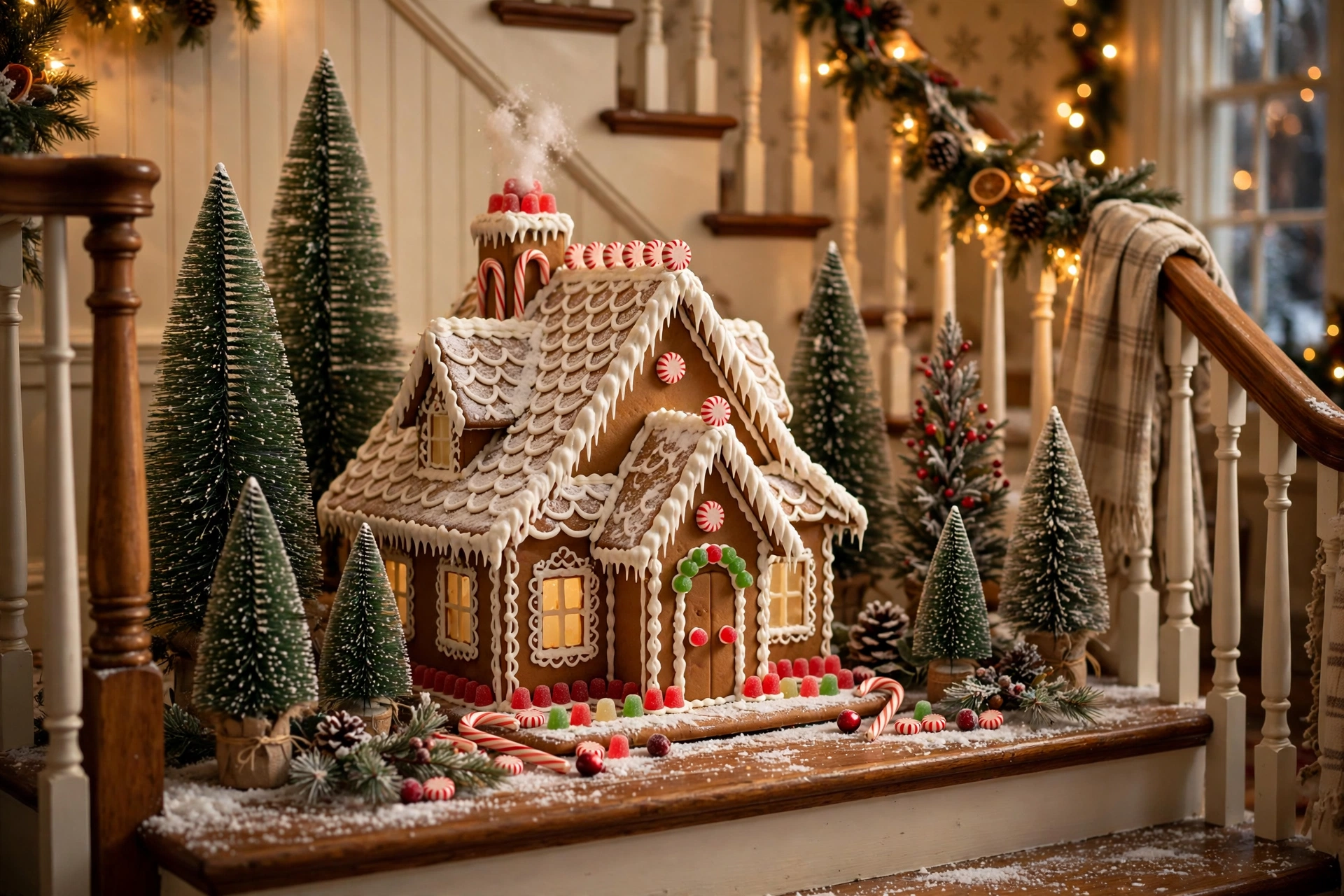 Detailed gingerbread house with candy decorations and faux snow on a stair landing.