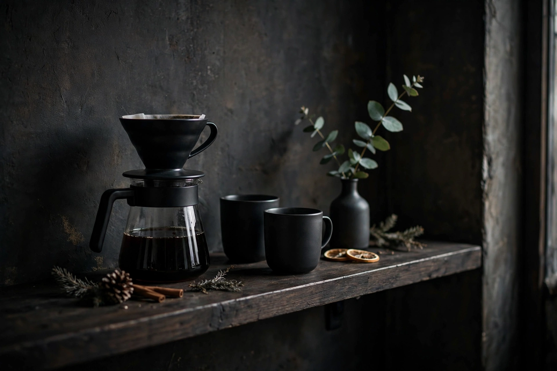 Minimalist matte black pour-over coffee corner on dark wood shelf