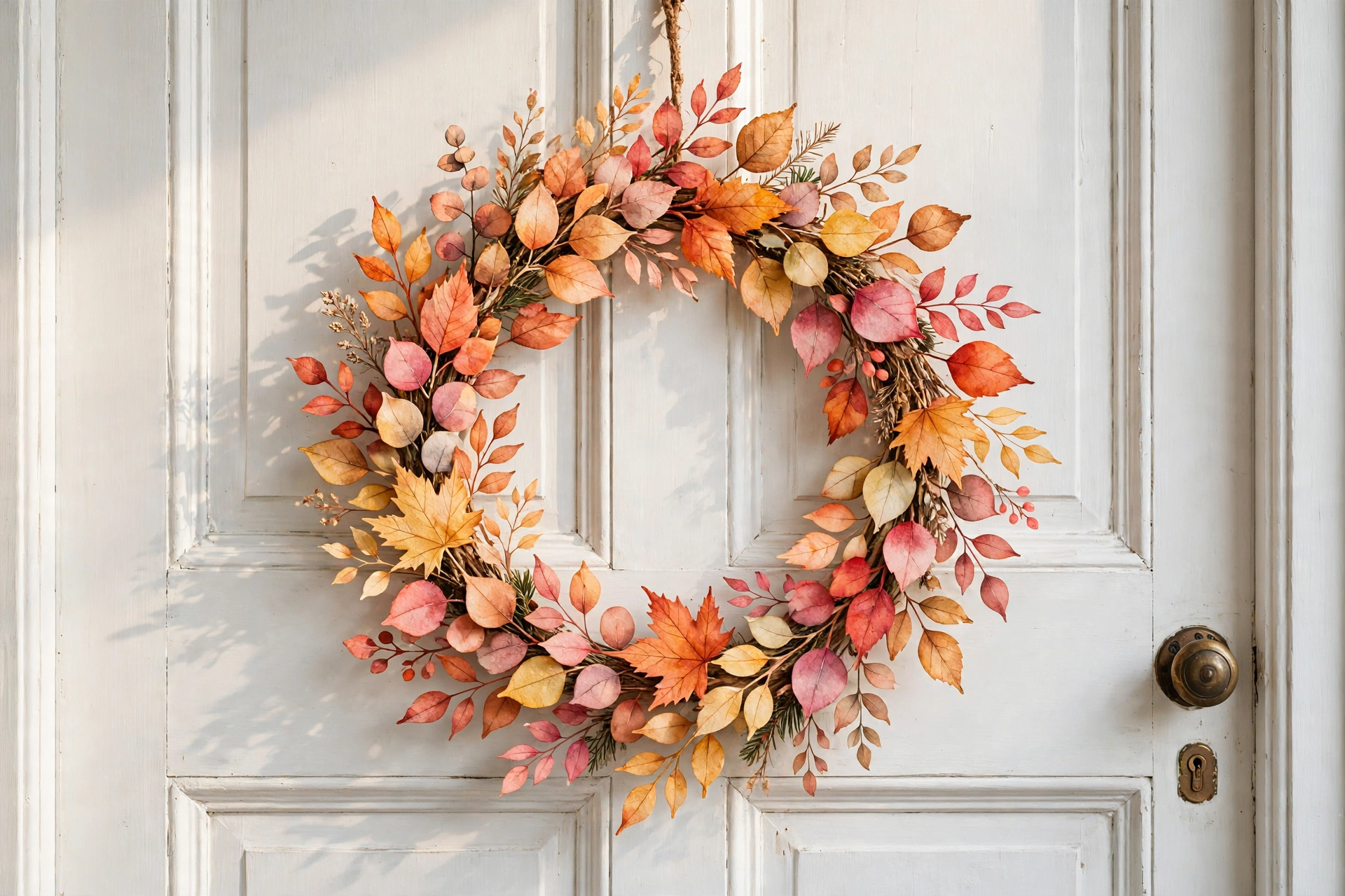 Artistic wreath of hand-painted watercolor leaves in sunset shades on a white door.