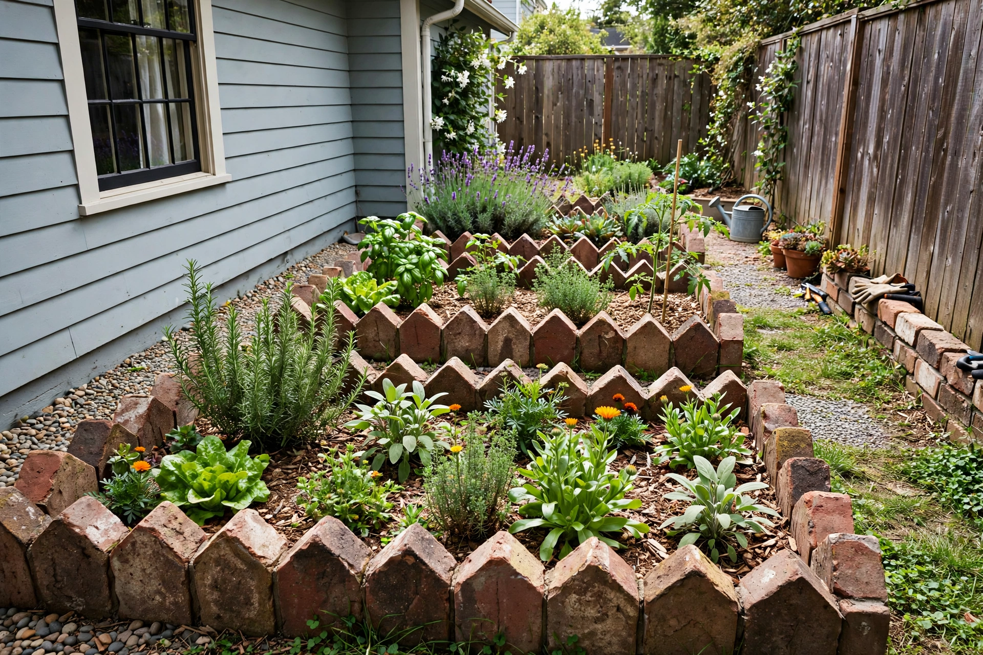 Garden beds edged with recycled bricks set on edge in a sawtooth pattern, side yard landscaping.