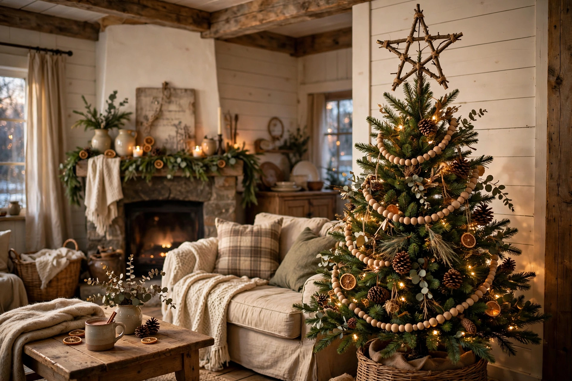 Christmas tree topped with a handmade twig star in a rustic farmhouse living room.