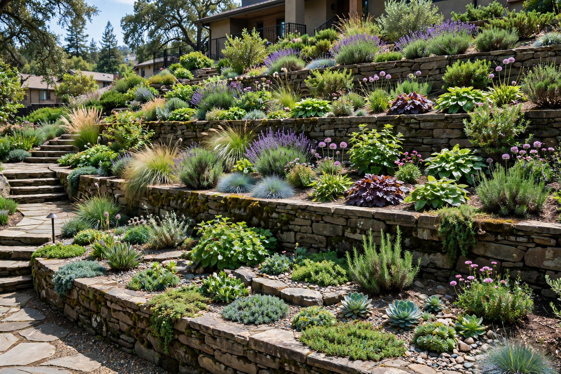 Terraced front yard slope with stone walls and layered plantings.