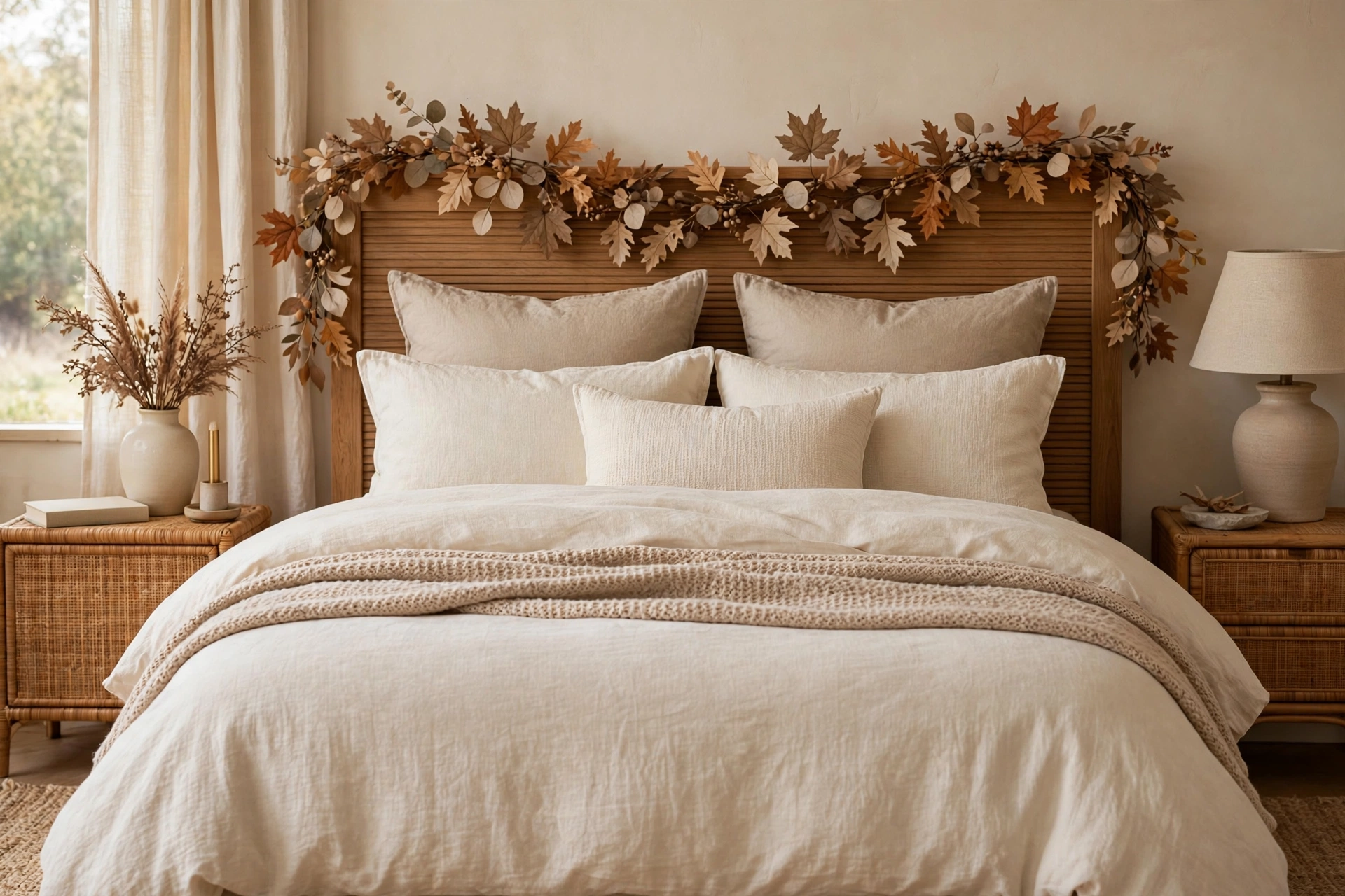 Warm neutral cream and beige bedding with a faux autumn leaf garland on the headboard.