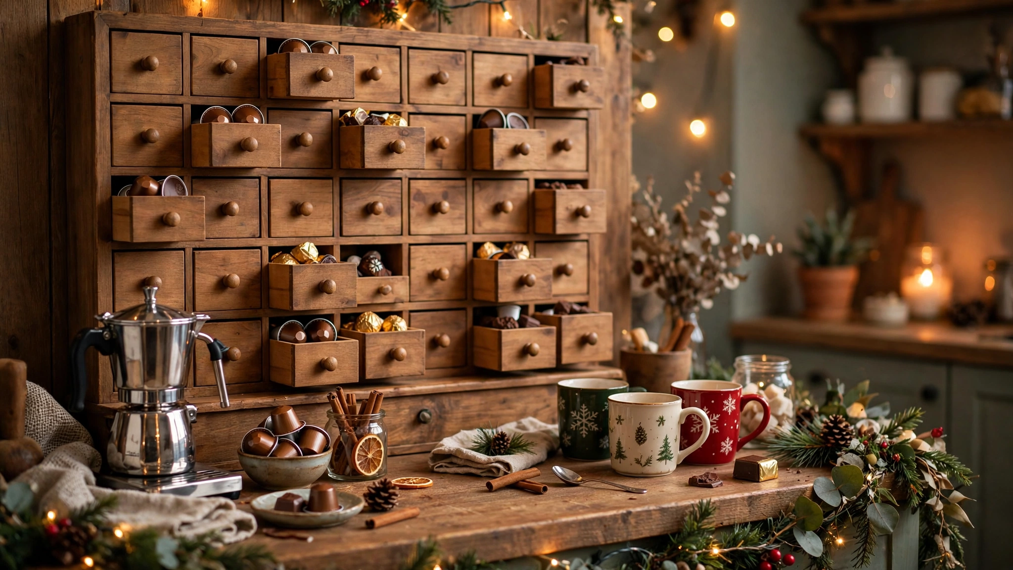 Coffee bar with advent calendar drawers holding coffee pods