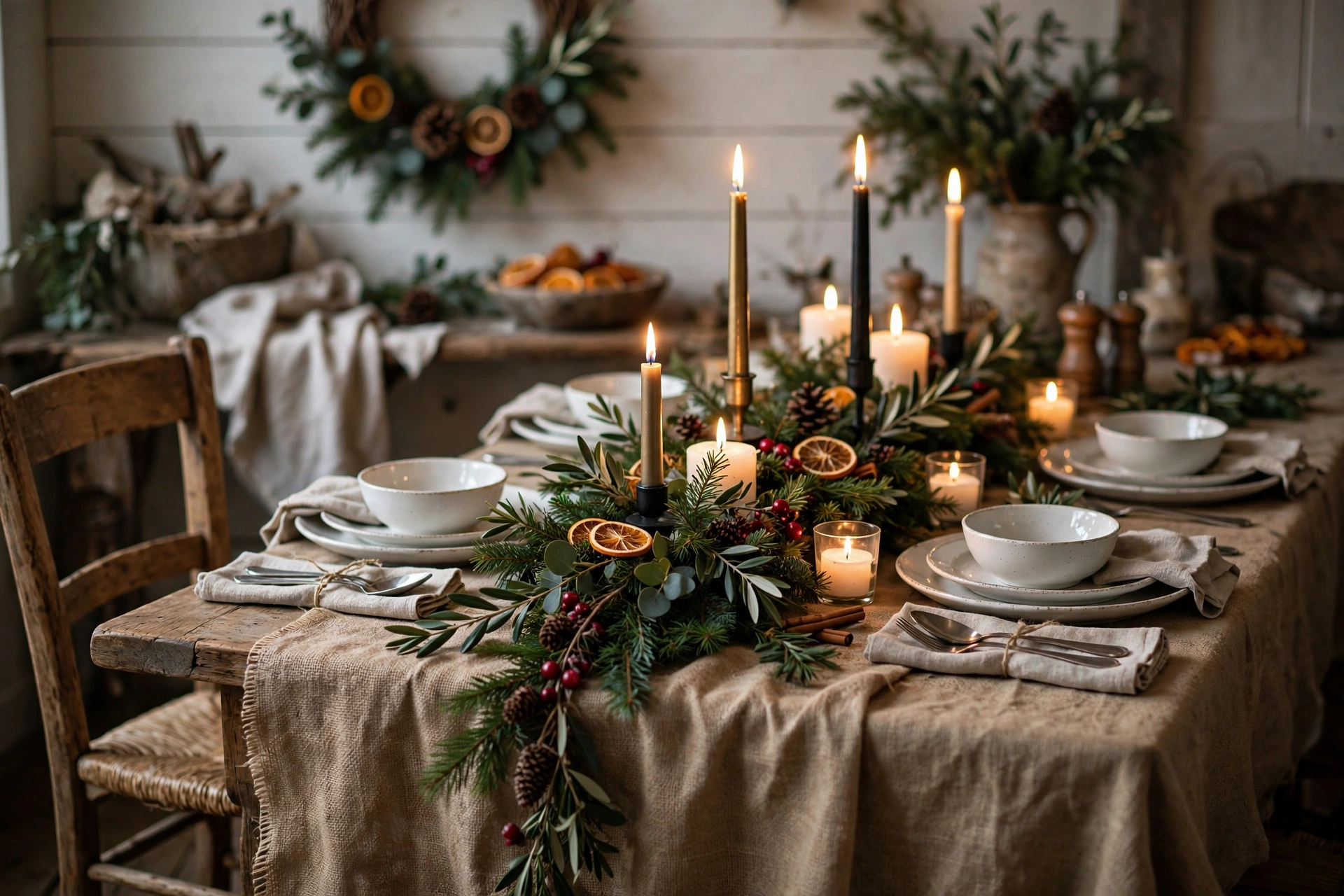 Farmhouse holiday dining table with a burlap tablecloth, white dishes and greenery centerpieces.