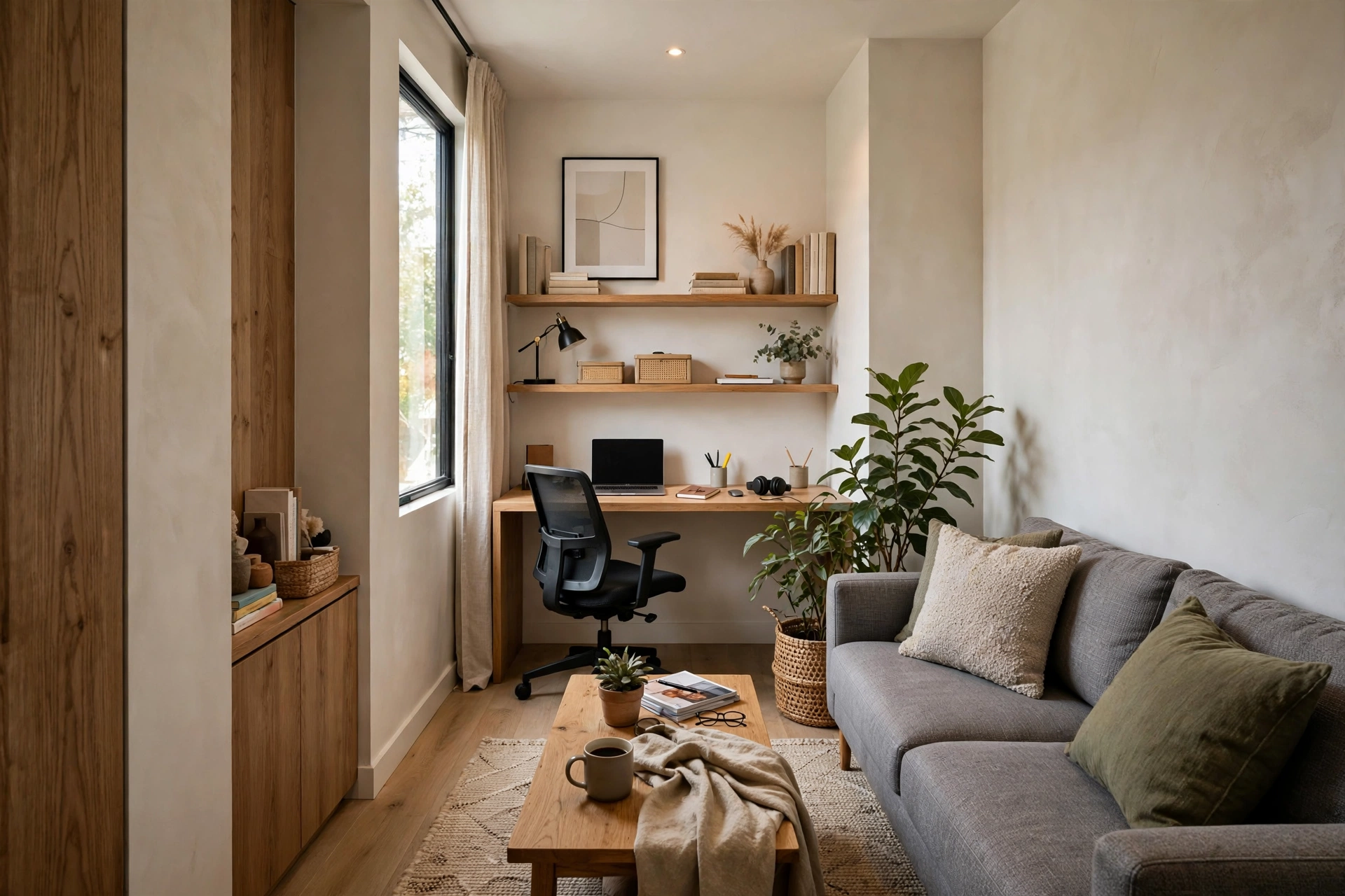 Compact workspace zone — narrow living room idea