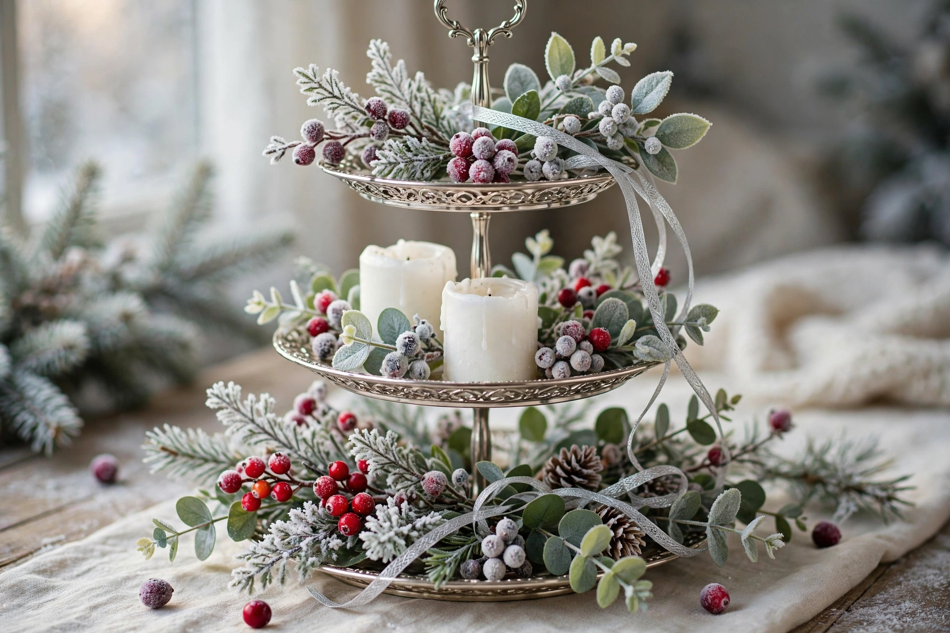 Frosted cranberry tray — Christmas tiered tray idea